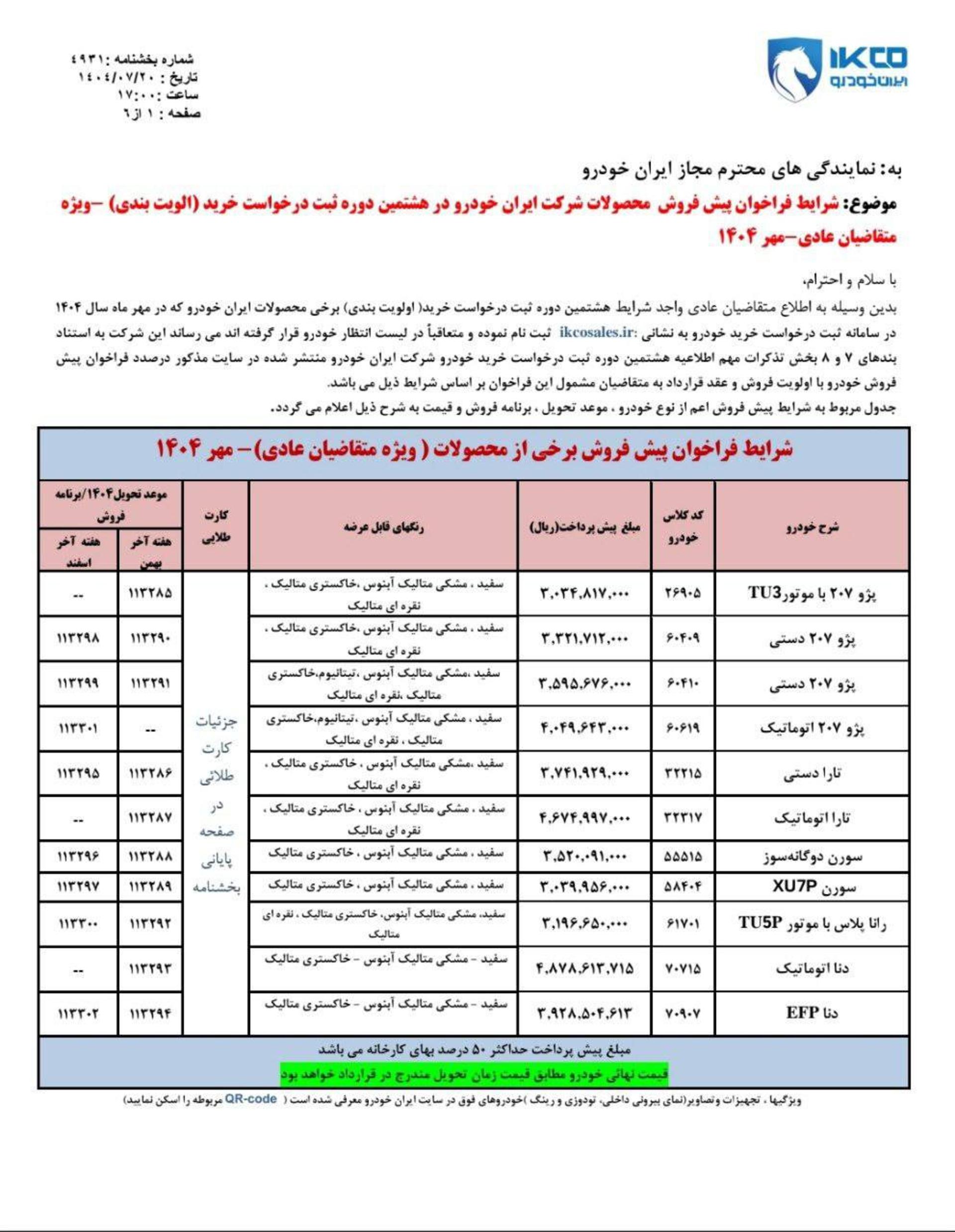 شرایط پیش فروش عادی دوره هشتم ایران خودرو مهر 1404