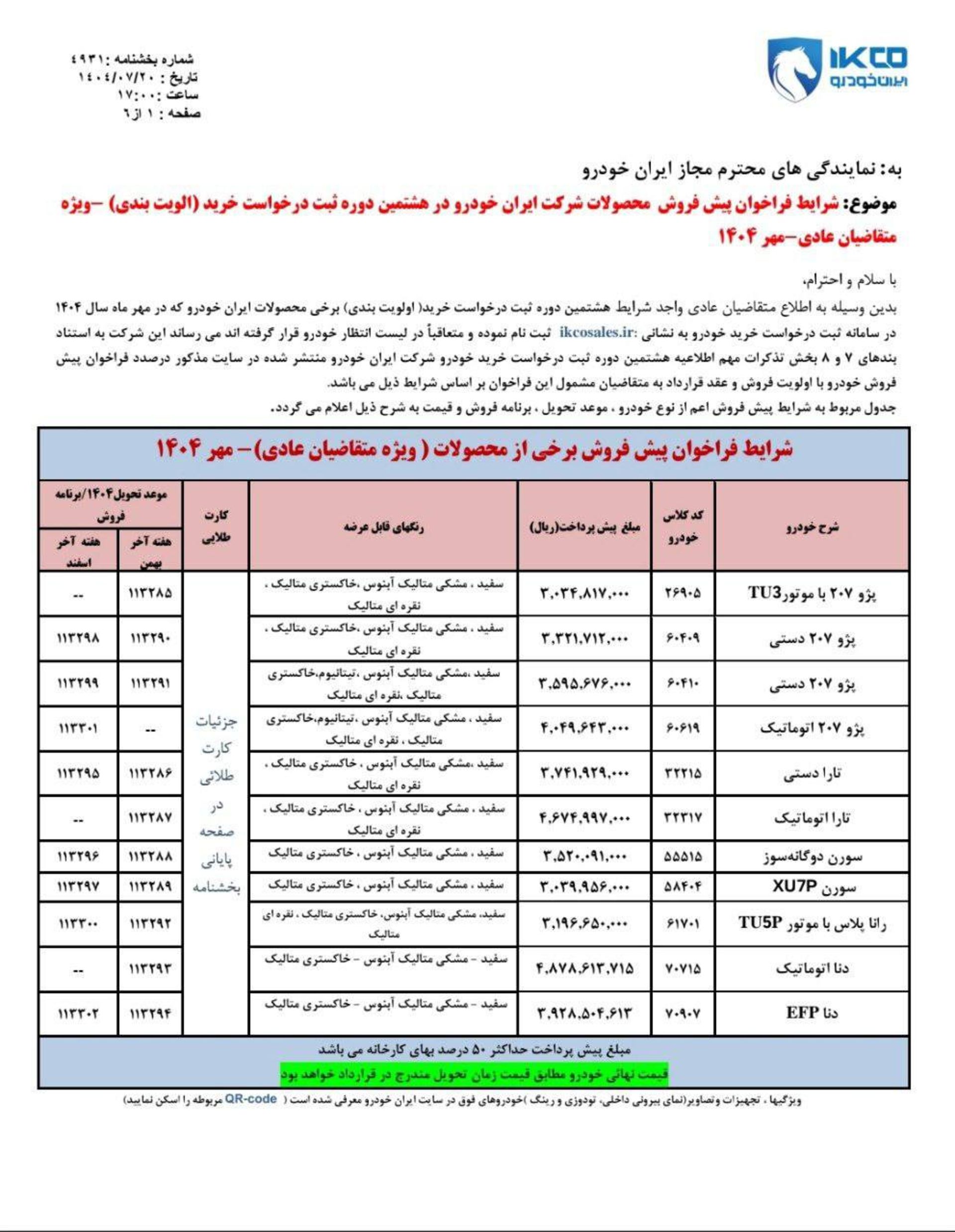 شرایط پیش فروش عادی دوره هشتم ایران خودرو مهر 1404