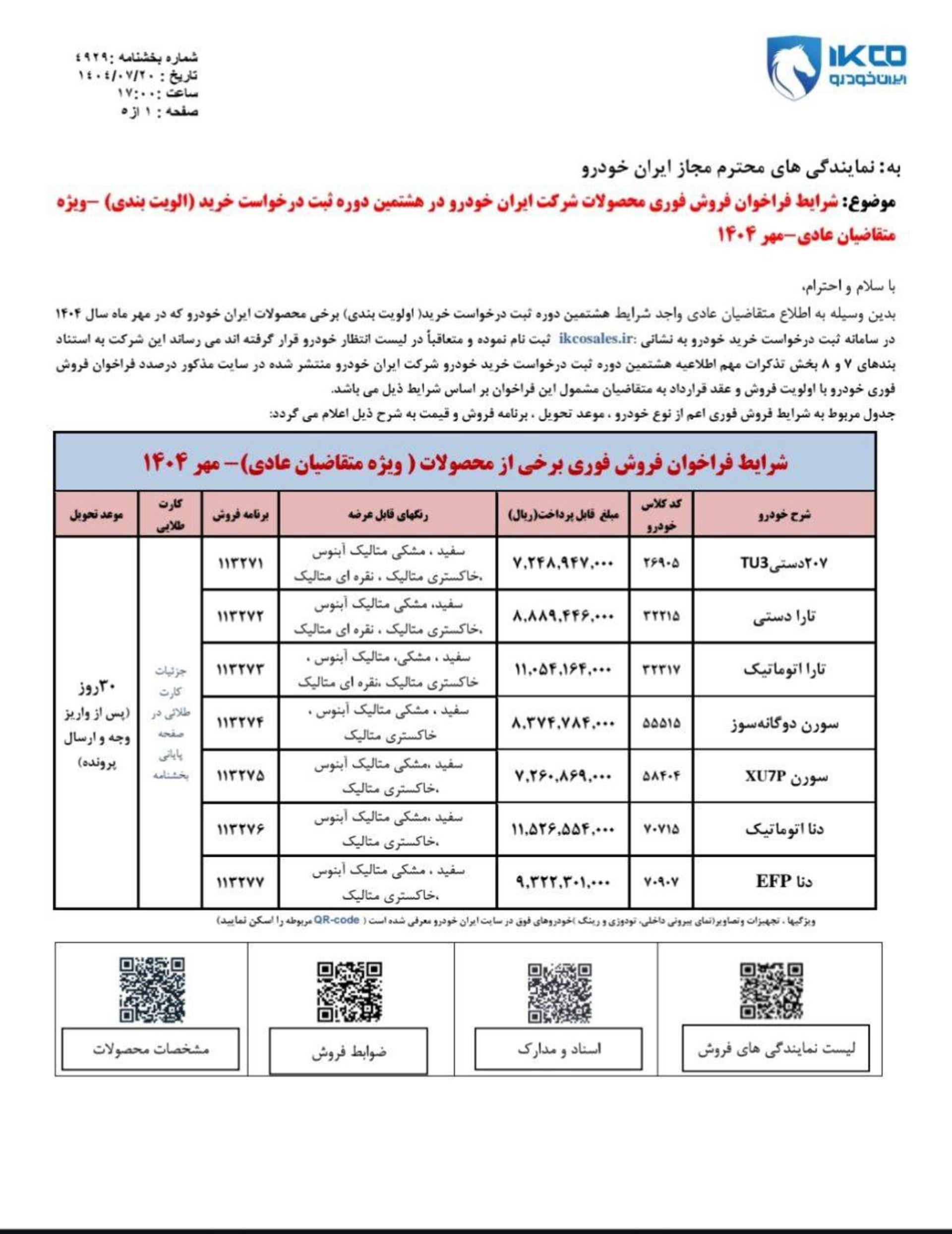 شرایط فروش فوری عادی دوره هشتم ایران خودرو مهر 1404