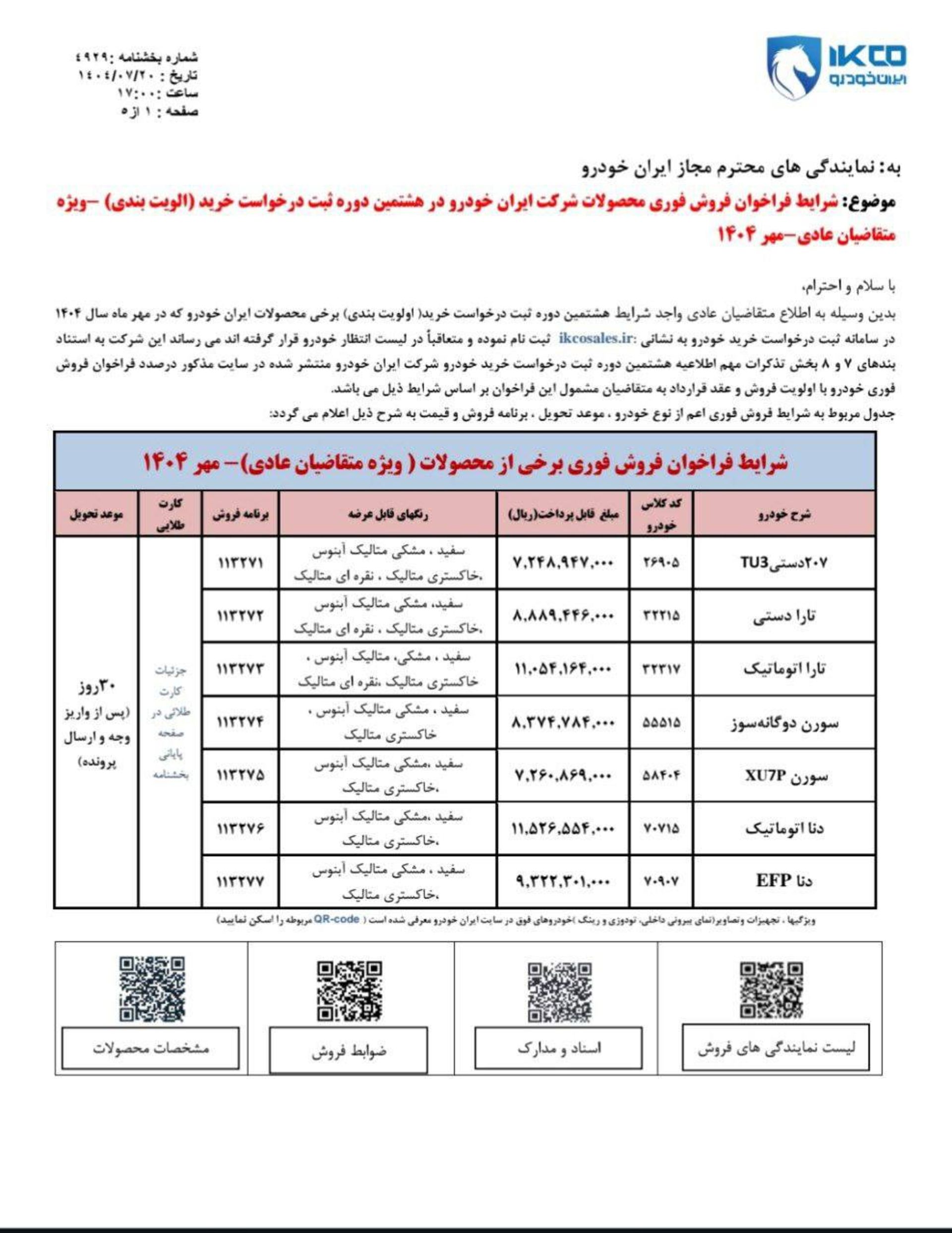 شرایط فروش فوری عادی دوره هشتم ایران خودرو مهر 1404