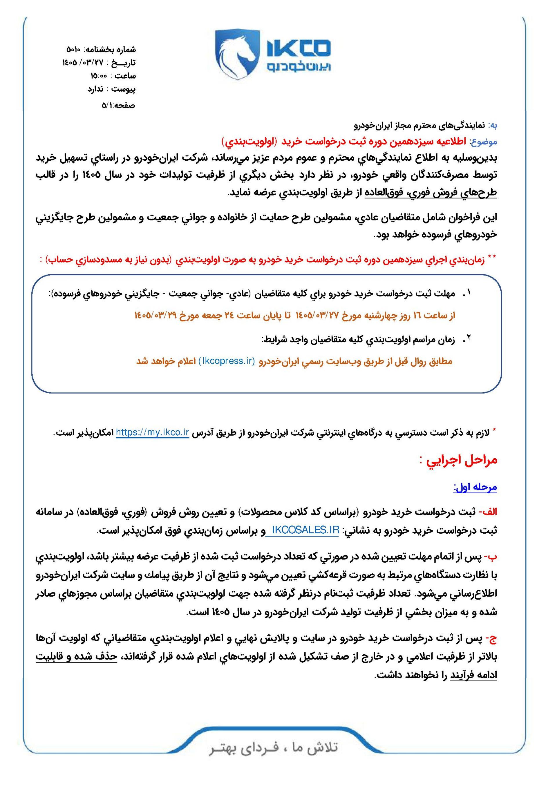 شرایط فروش محصولات ایران خودرو - خرداد 1405 - 1