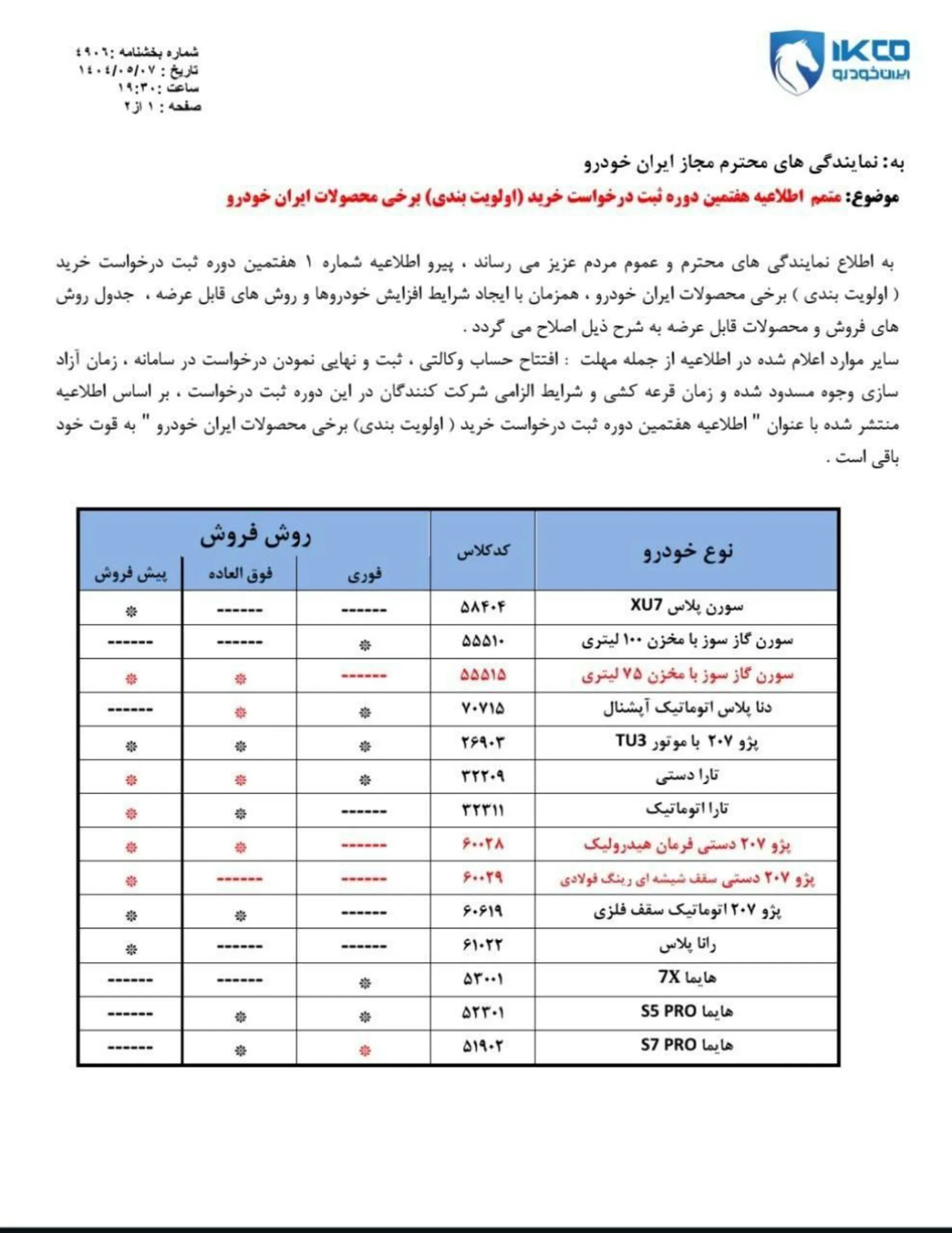 اطلاعیه فروش مرحله هفتم ایران خودرو - مرداد 1404 -1