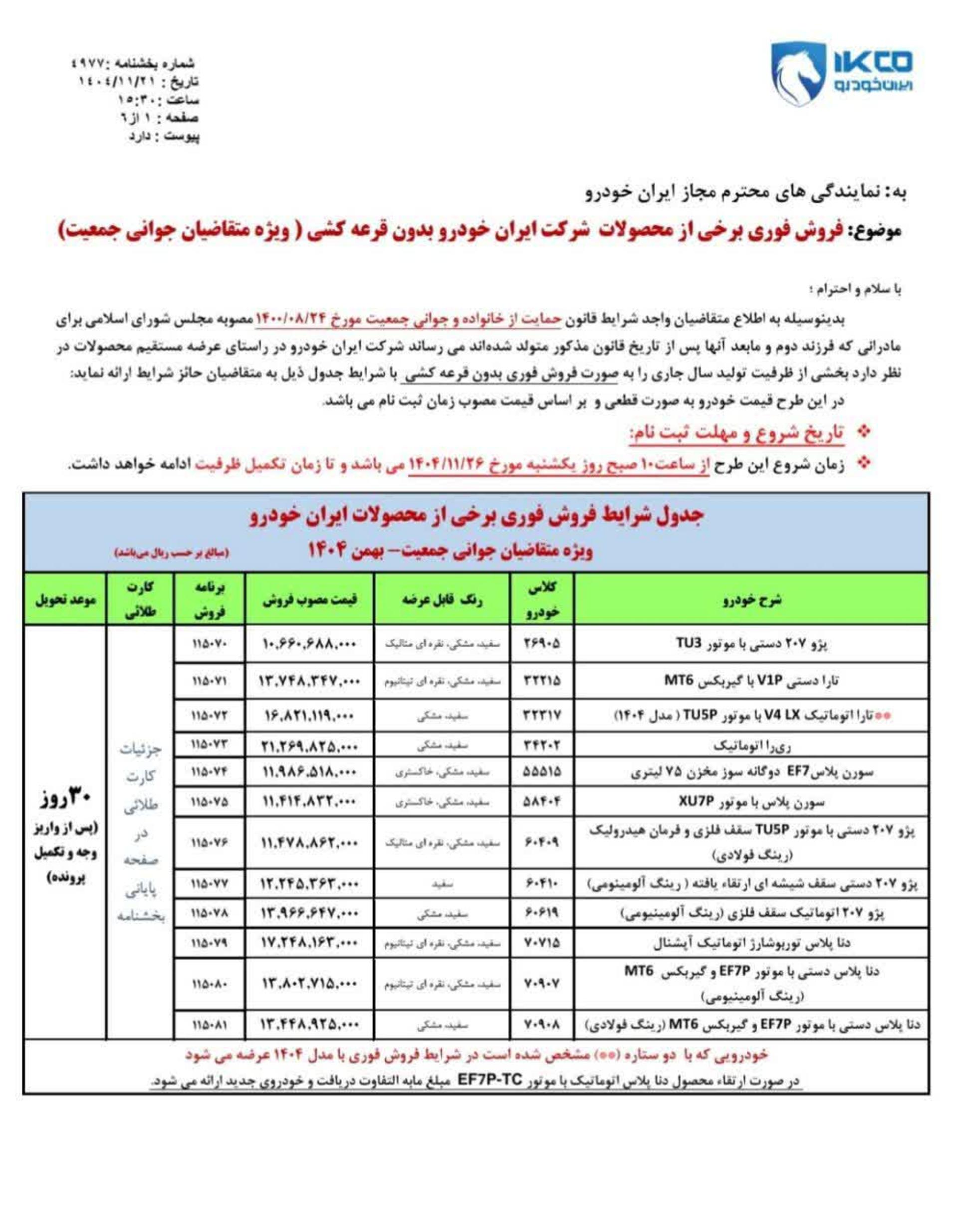 شرایط فروش بدون قرعه کشی محصولات ایران خودرو - بهمن 1404 - 1