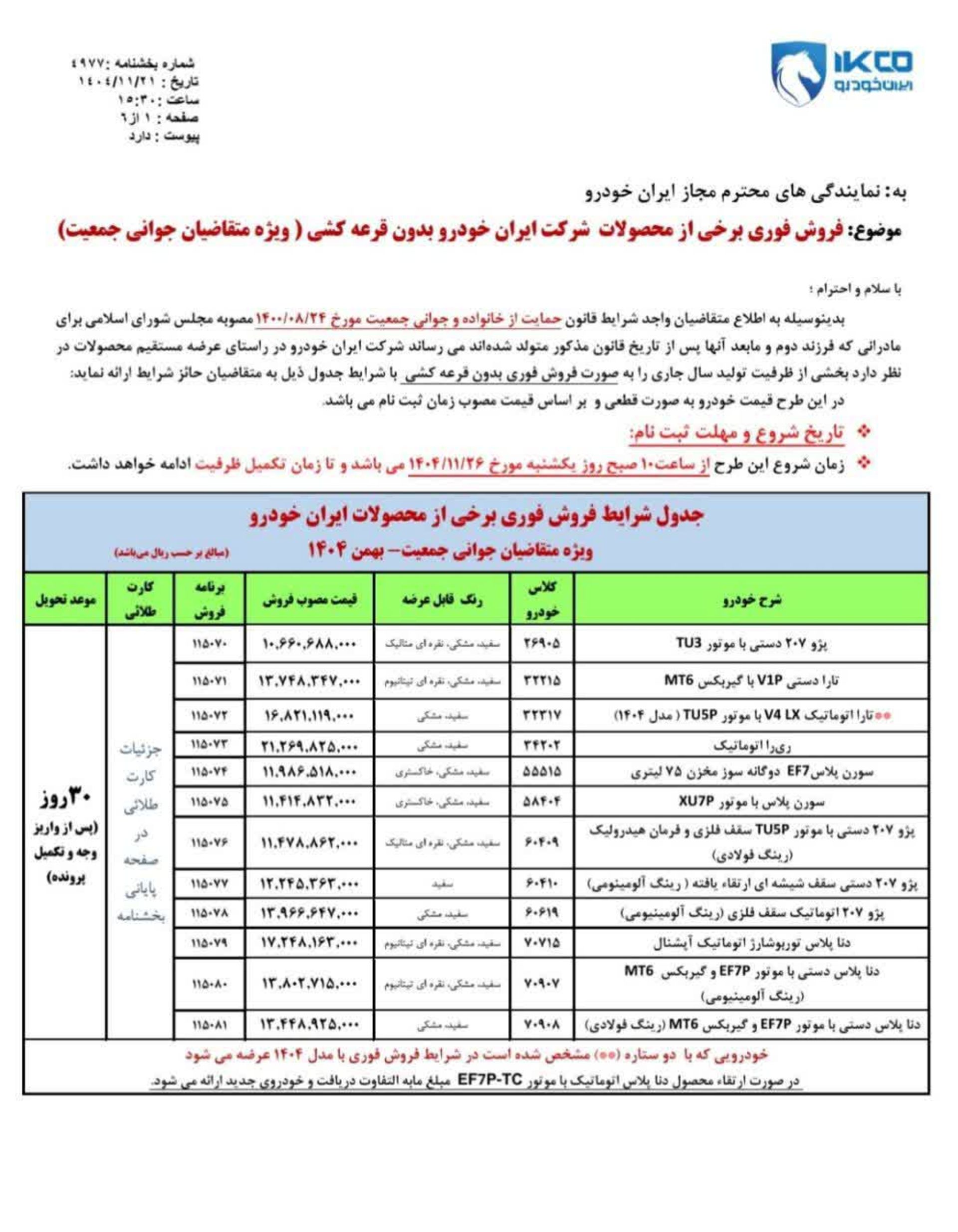 شرایط فروش بدون قرعه کشی محصولات ایران خودرو - بهمن 1404 - 1