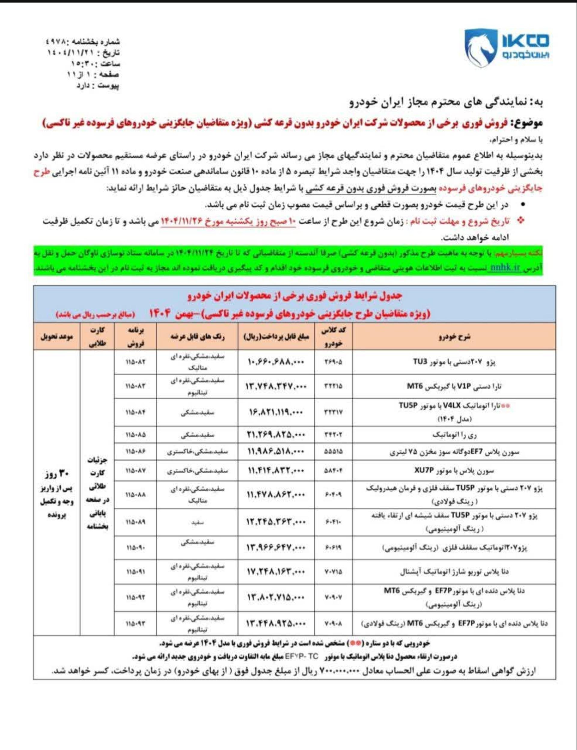 شرایط فروش بدون قرعه کشی محصولات ایران خودرو - بهمن 1404 - 4