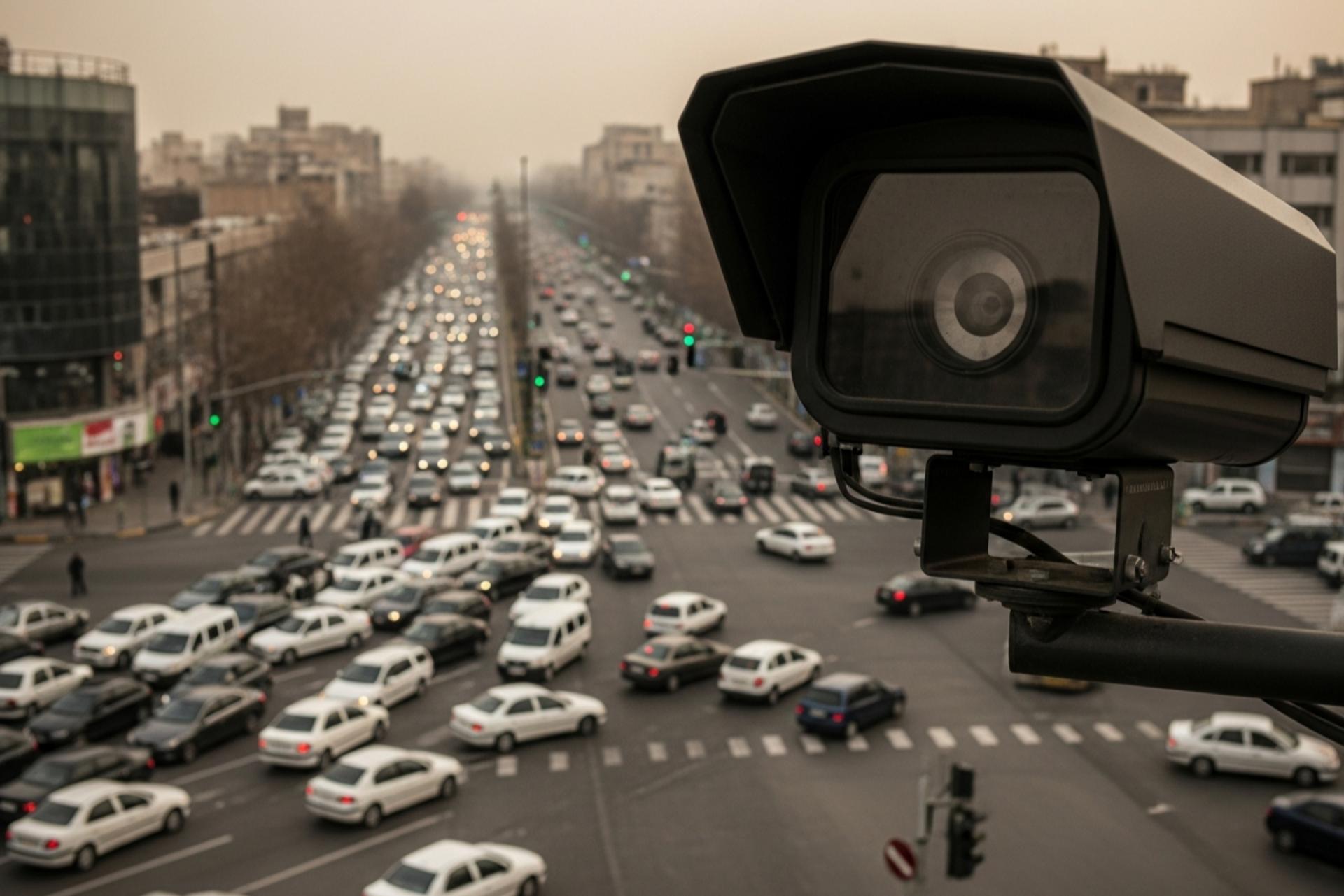دوربین کنترل ترافیک خاموش بر فراز خیابان شلوغ