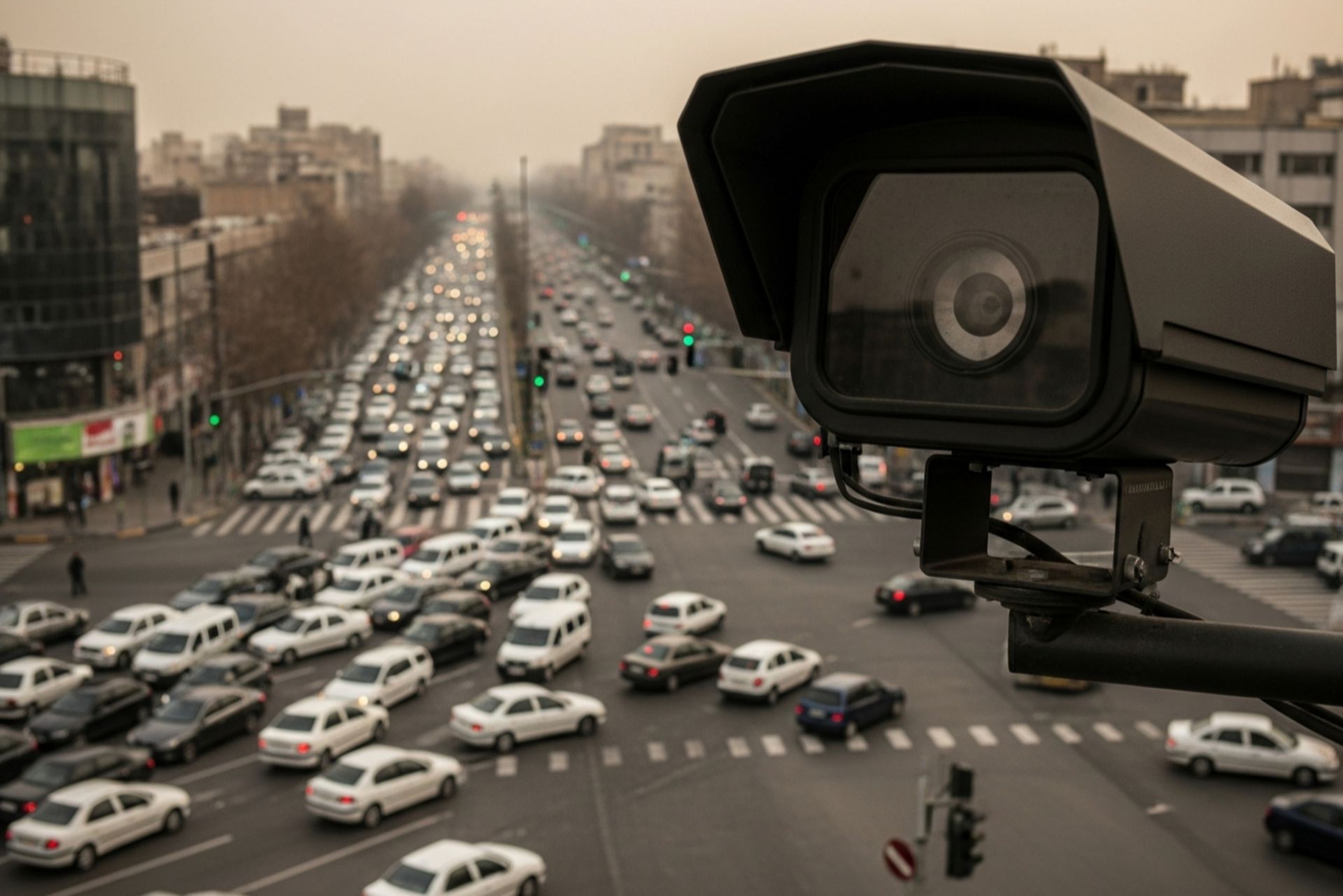 دوربین کنترل ترافیک خاموش بر فراز خیابان شلوغ