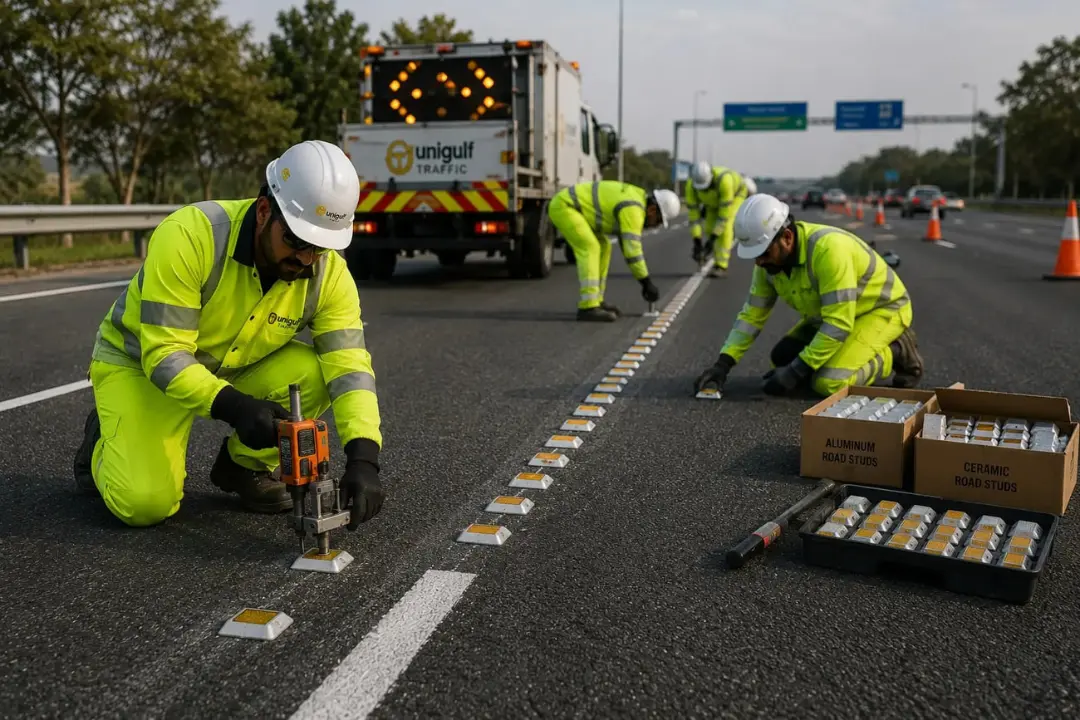 کارگران با لباس ایمنی در حال نصب چشم‌گربه‌ای (Road Studs) روی خط‌کشی جاده