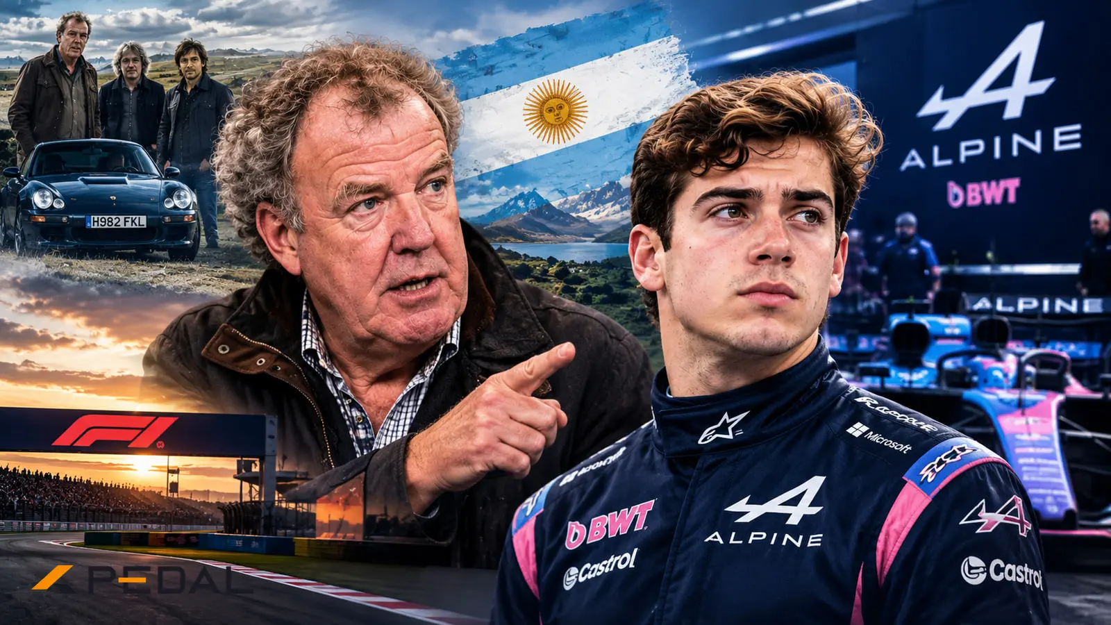 جرمی کلارکسون (Jeremy Clarkson) در کنار راننده تیم آلپین در پیست فرمول یک