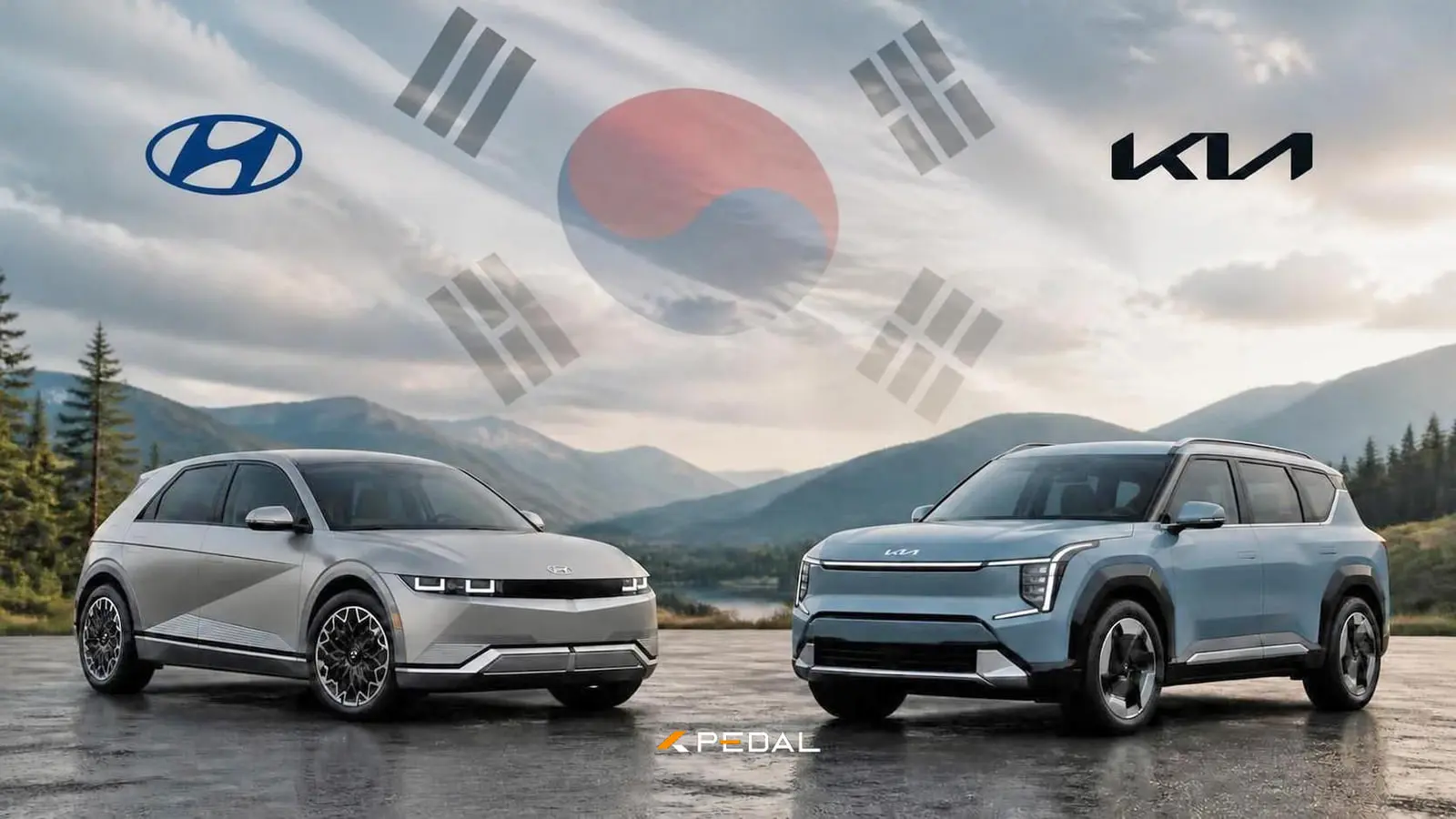 خودروهای برقی هیوندای آیونیک 5 (Hyundai Ioniq 5) و کیا EV5 در مقابل پرچم کره جنوبی