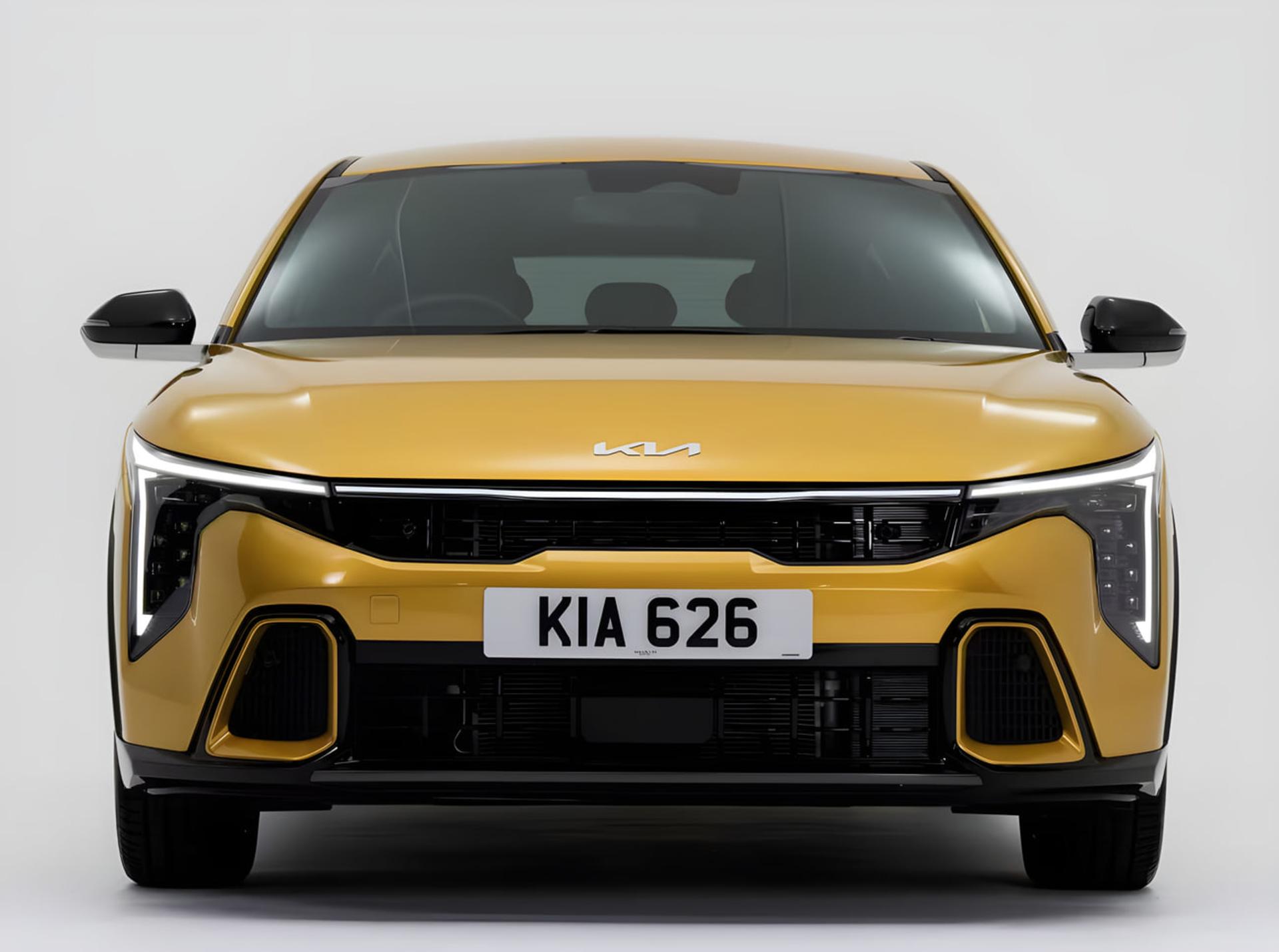 نمای جلوی سدان کیا (Kia) K4 با رنگ طلایی در استودیو