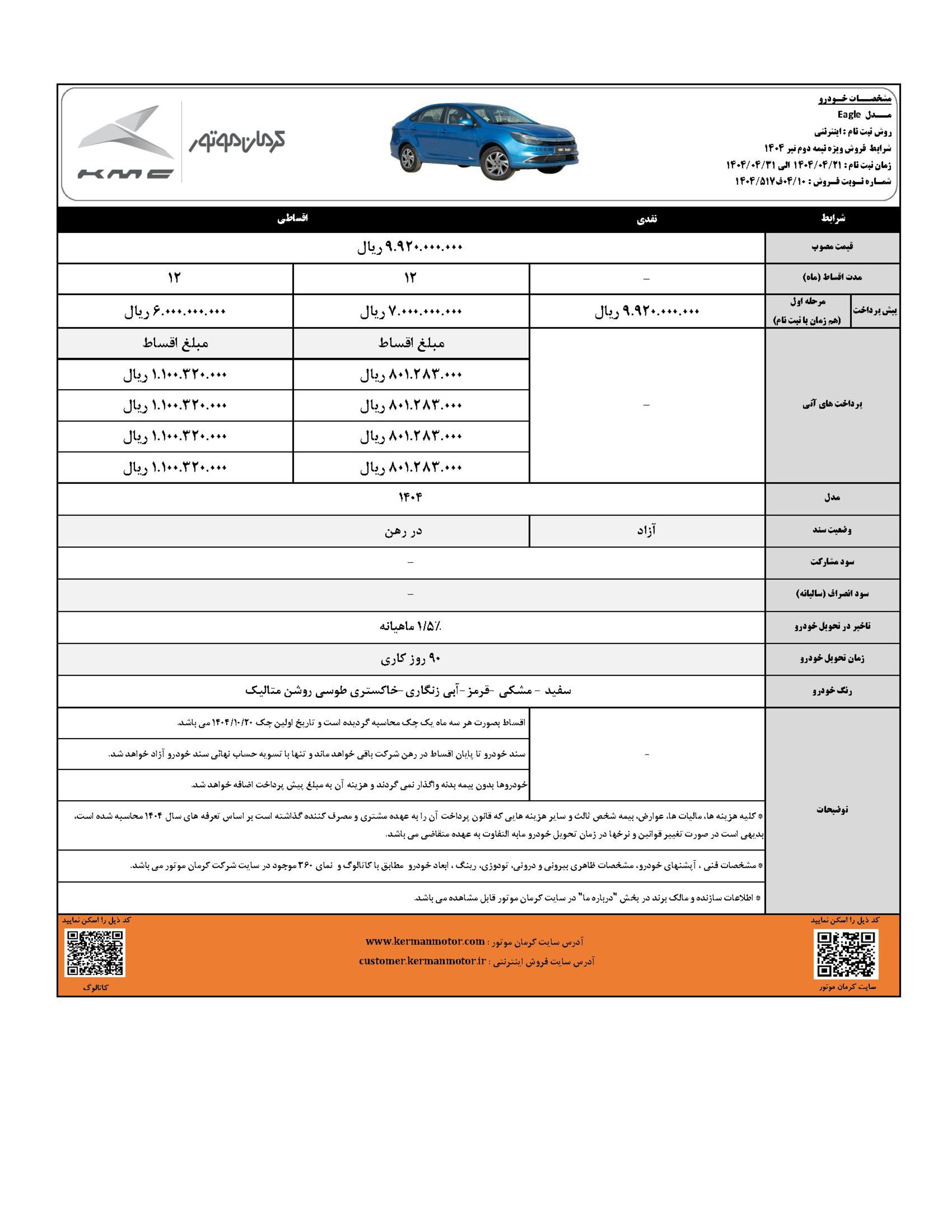 بخشنامه فروش کی ام سی ایگل تیر 1404