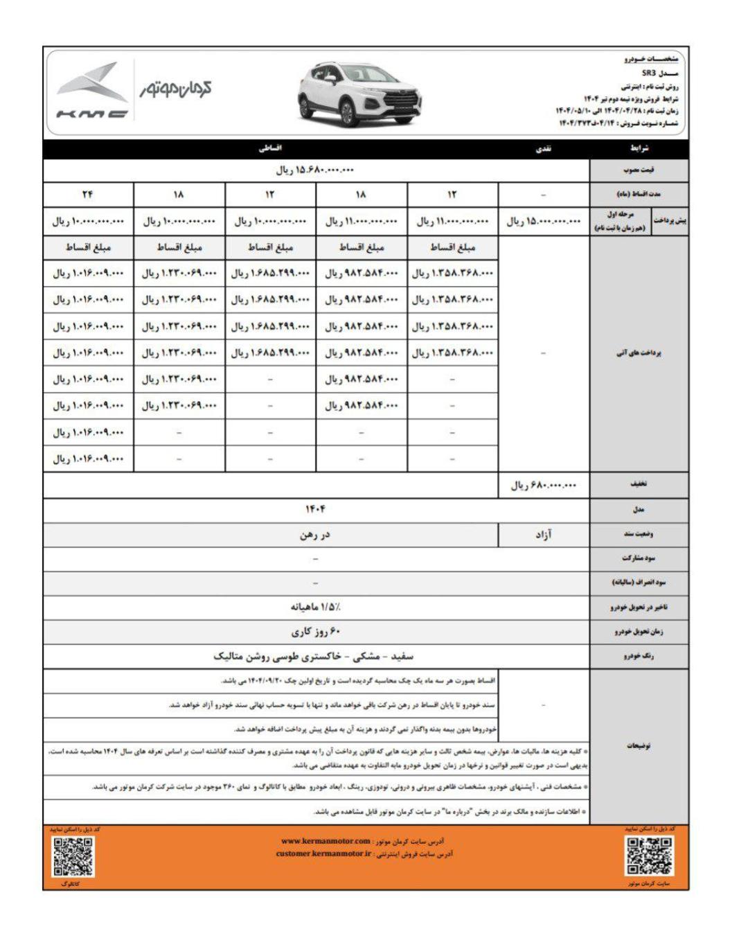 شرایط فروش کی ام سی SR3 ویژه نیمه دوم تیر 1404