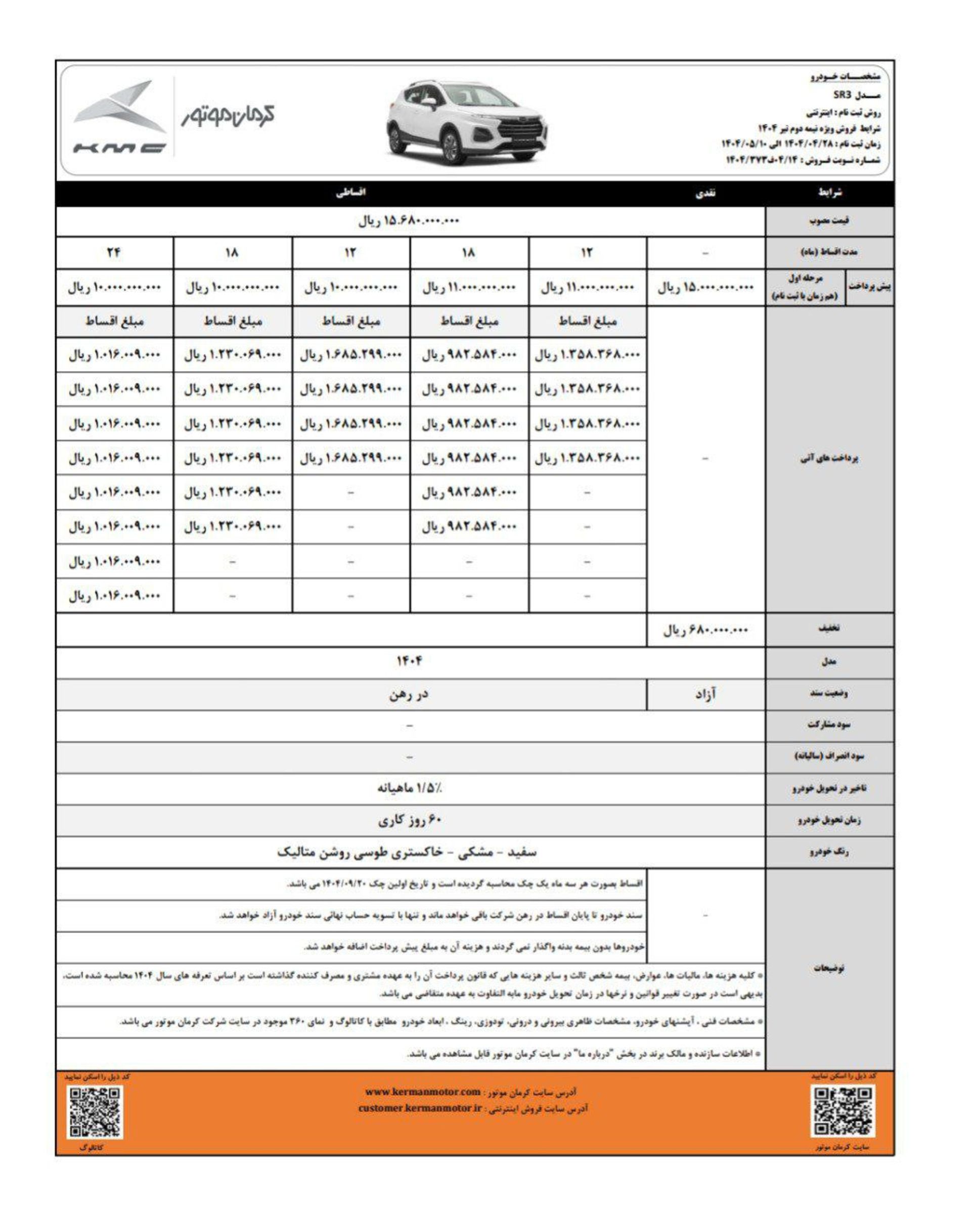 شرایط فروش کی ام سی SR3 ویژه نیمه دوم تیر 1404