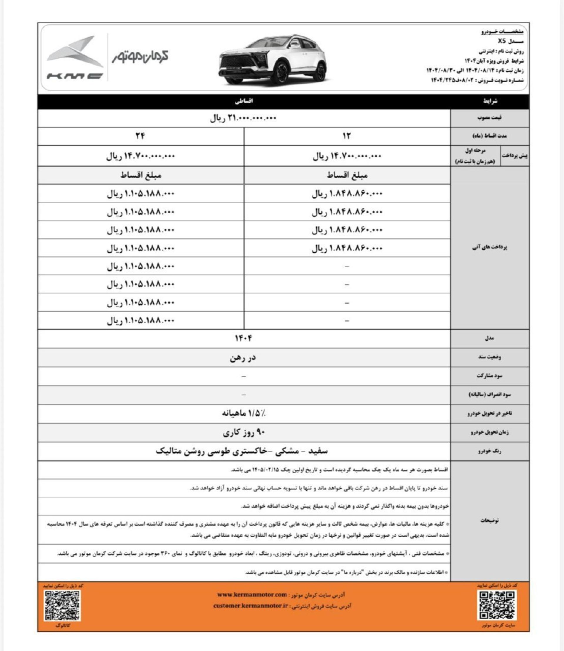 شرایط فروش اقساطی کی ام سی X5 آبان 1404