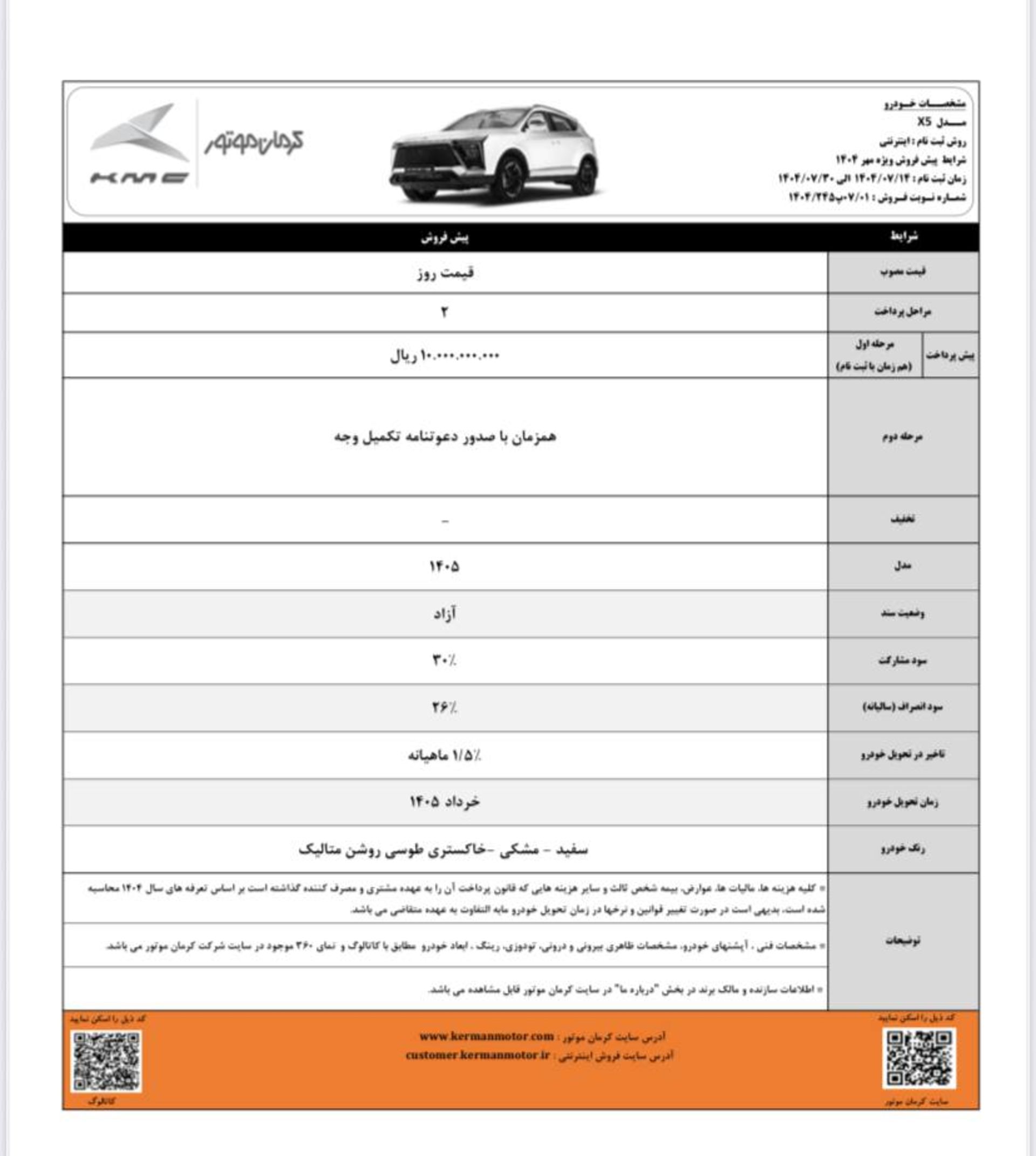 شرایط پیش فروش کی ام سی X5 مهر 1404