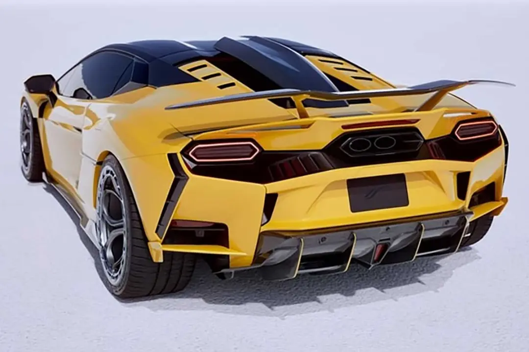 لامبورگینی تمراریو (Lamborghini Teremari) زرد رنگ با کیت بدنه خشن و بال عقب بزرگ