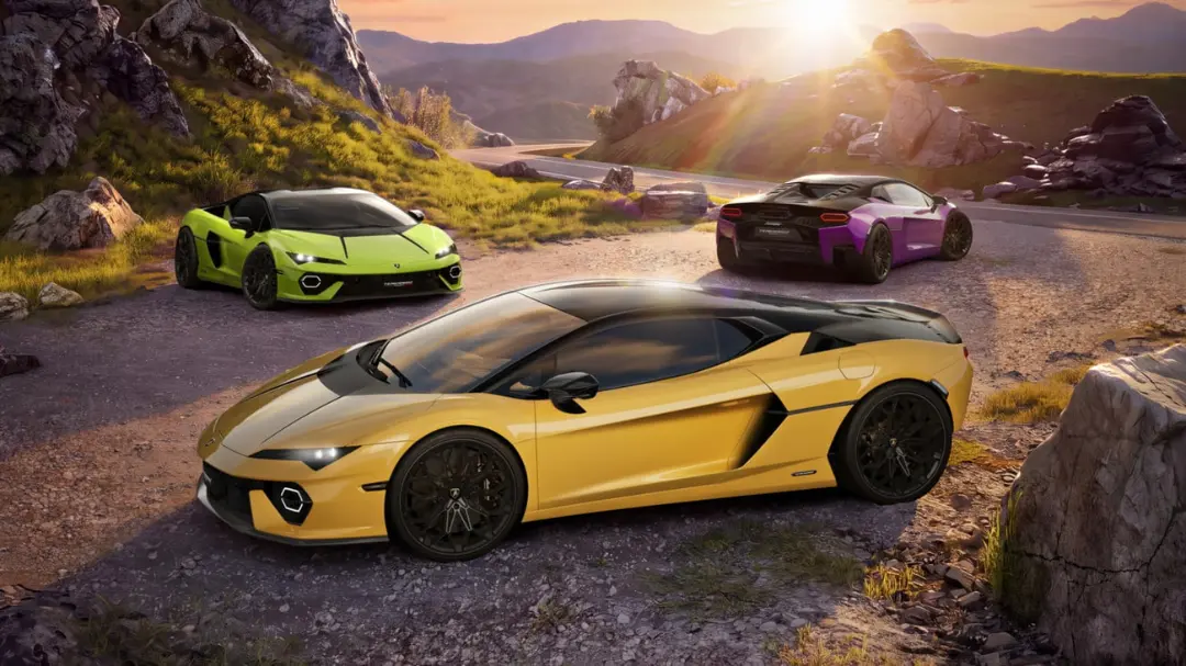 خودروی لامبورگینی تمراریو تتونرو (Lamborghini Temerario Teonero) با رنگ طلایی در مسیر کوهستانی