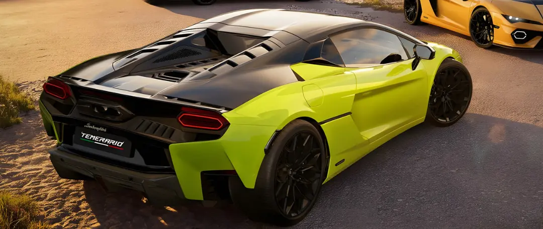 خودرو لامبورگینی تمراریو (Lamborghini Temerario) نسخه تتونرو با رنگ سبز فسفری و بدنه مشکی