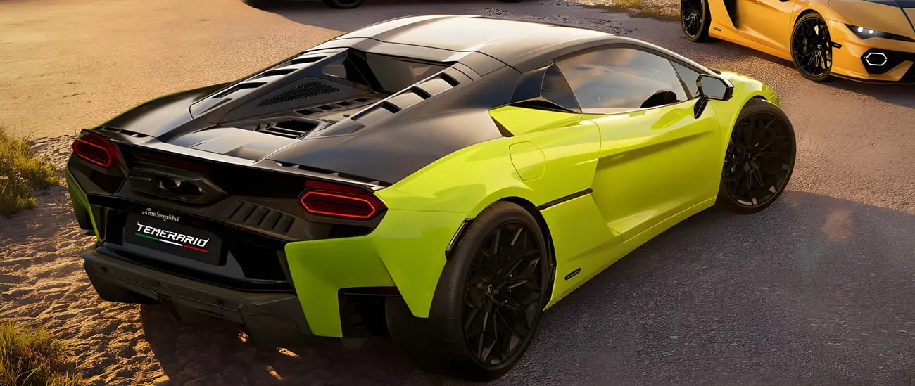 خودرو لامبورگینی تمراریو (Lamborghini Temerario) نسخه تتونرو با رنگ سبز فسفری و بدنه مشکی