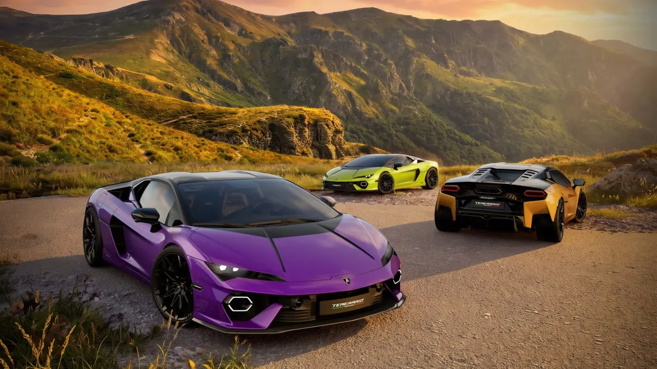 خودروهای لامبورگینی تمراریو تتونرو (Lamborghini Temerrari Tettonero) در جاده‌ای کوهستانی
