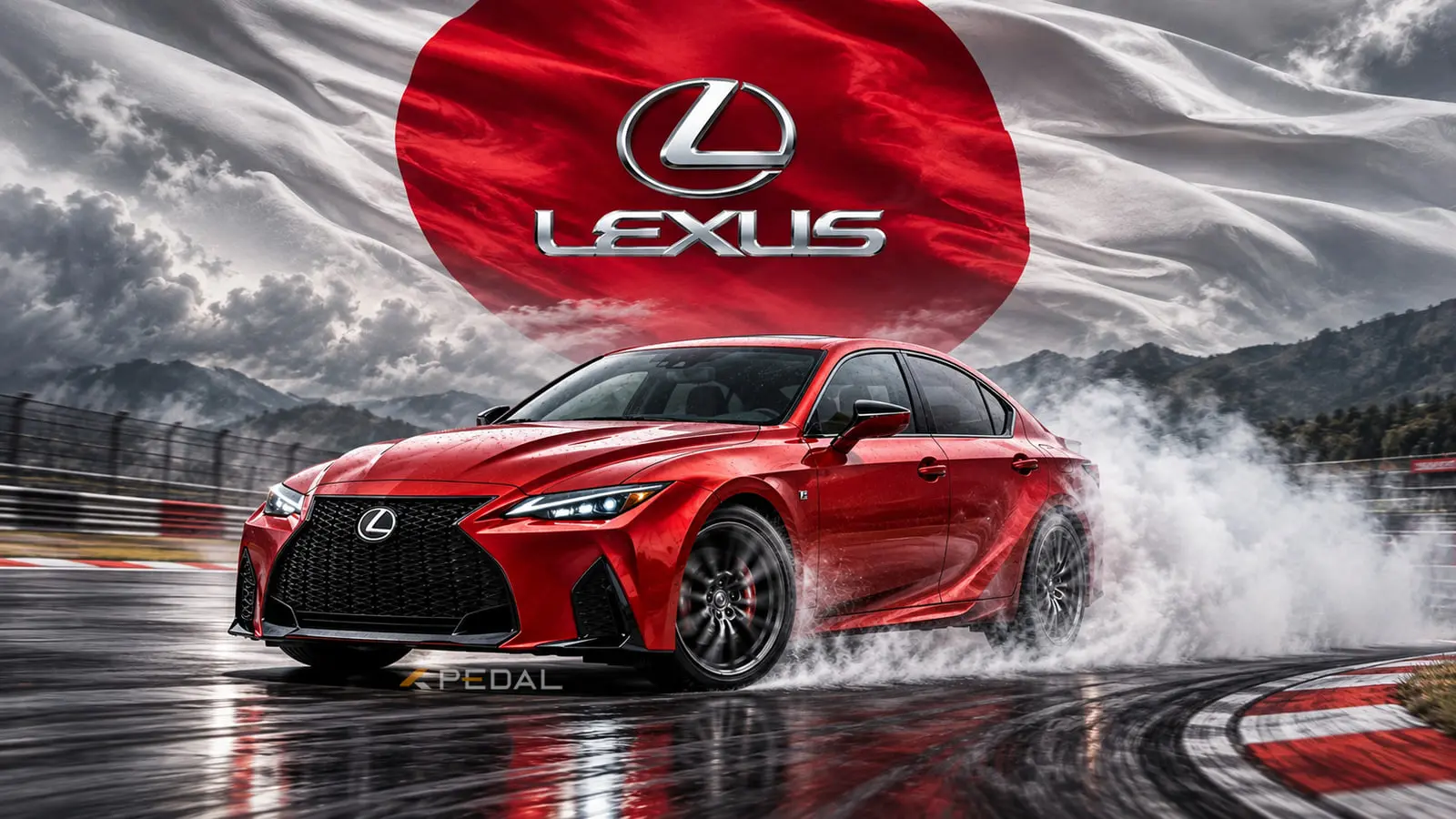 خودرو قرمز رنگ لکسوس (Lexus) IS 500 در حال حرکت در پیست مسابقه
