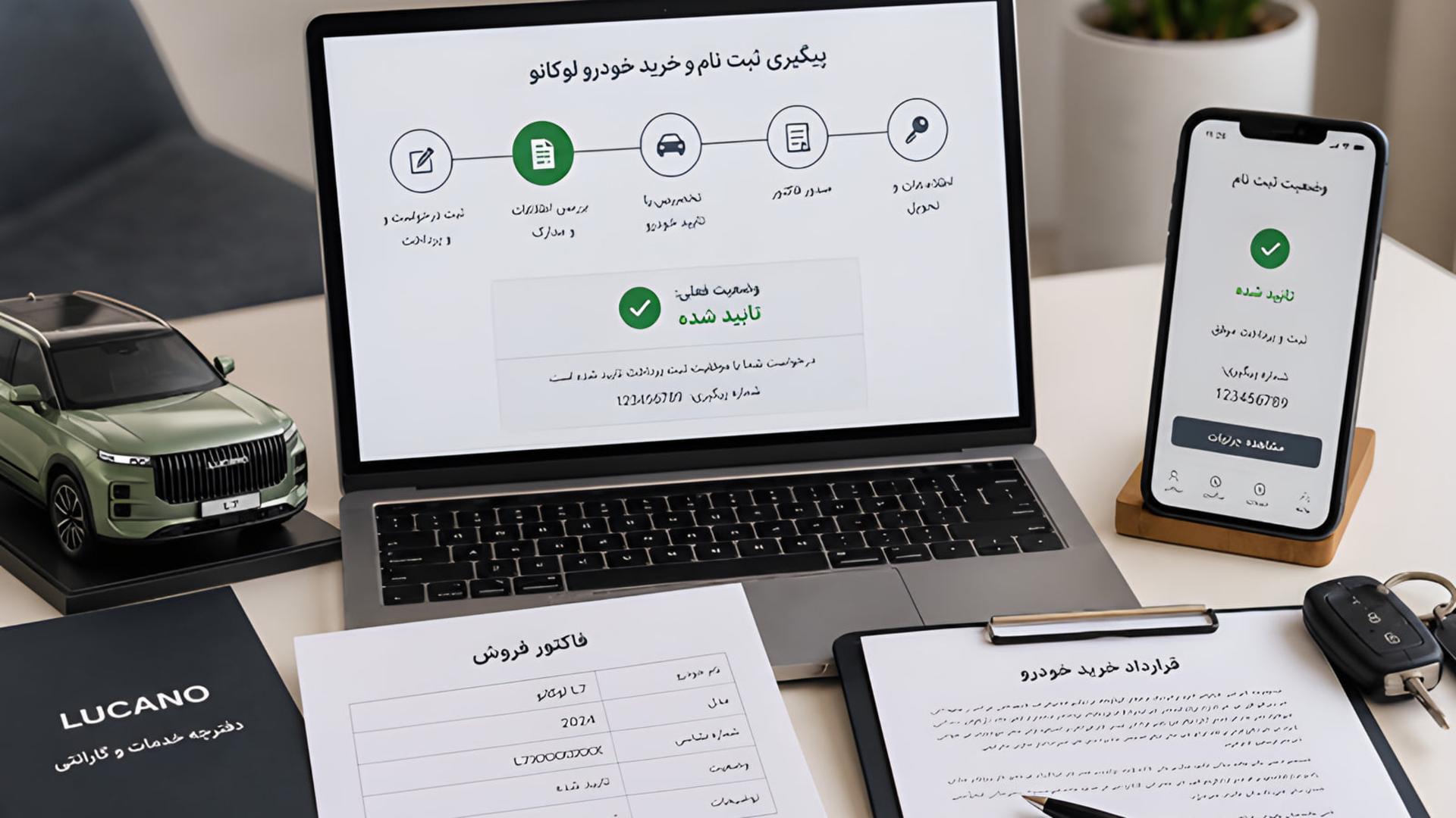 نمایش مراحل ثبت نام و وضعیت تأیید خودرو لوکانو (Lucano) در لپ‌تاپ