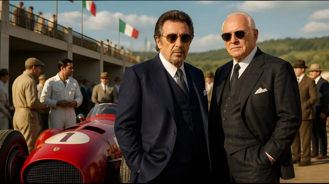 آل پاچینو (Al Pacino) و بازیگر مقابل در کنار خودروی مسابقه‌ای قرمز رنگ