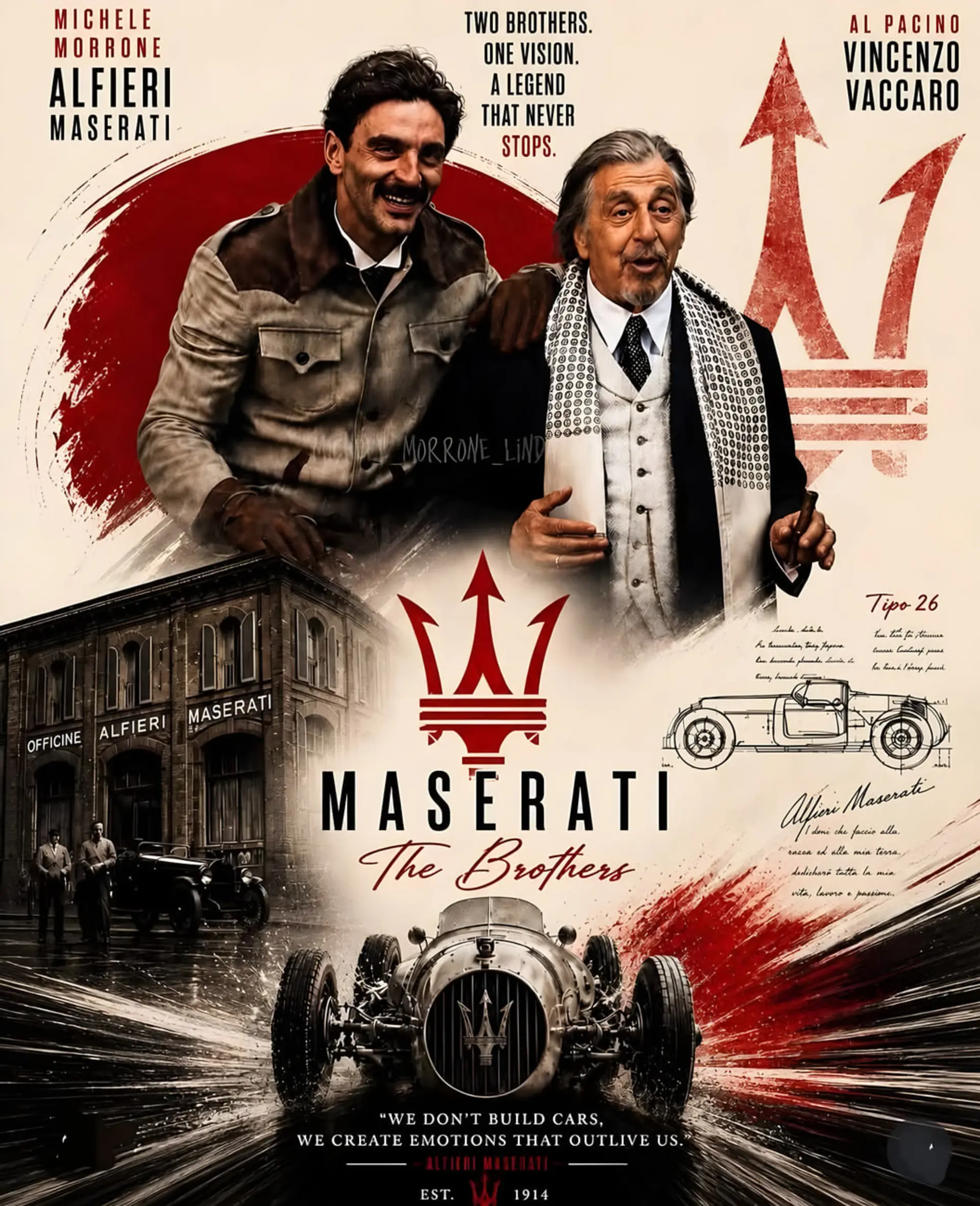 پوستر فیلم برادران مازراتی (Maserati The Brothers) با نمایش چهره بازیگران و خودروی کلاسیک