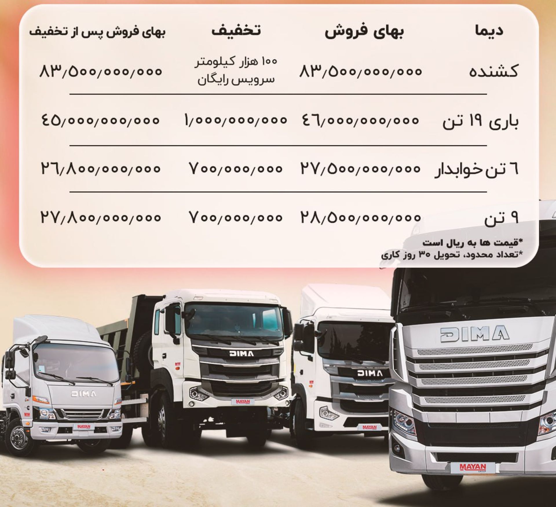 شرایط فروش محصولات کار و تجاری دیما از گروه مایان تیر 1404