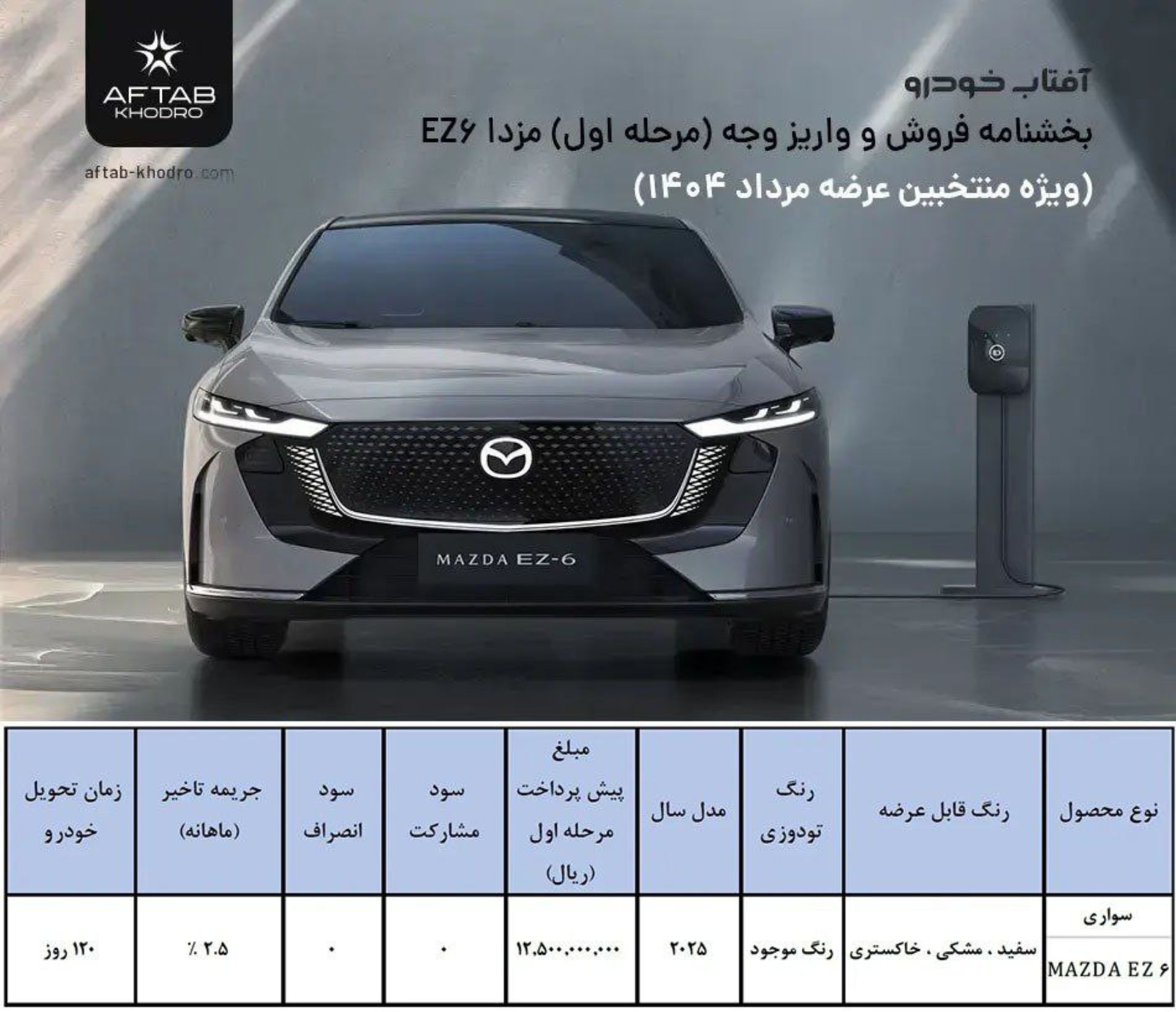 شرایط فروش مزدا EZ6 آفتاب خودرو شهریور 1404