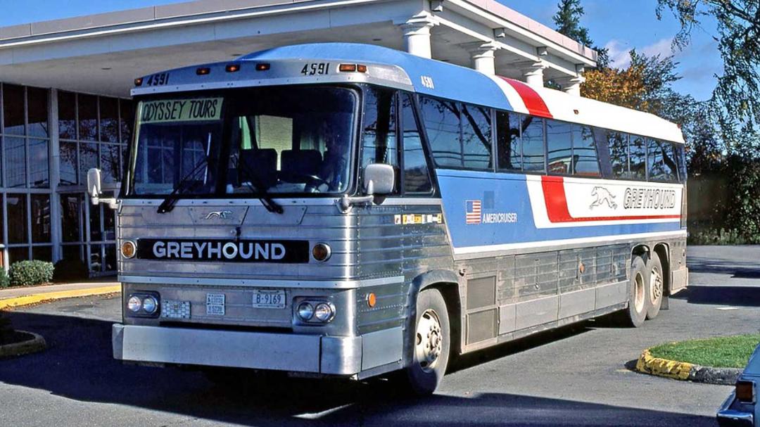 اتوبوس کلاسیک گری‌هاوند (Greyhound) با رنگ‌های آبی و قرمز در مقابل یک ساختمان