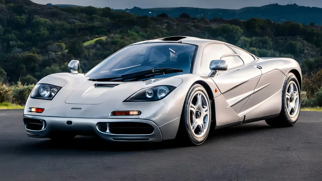 خودرو مک‌لارن F1 (McLaren F1) نقره‌ای رنگ در جاده‌ای با پس‌زمینه تپه‌ها