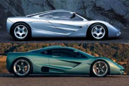 خودروهای مک‌لارن F1 (McLaren F1) و گوردون موری S1 (GMA S1) در نمای جانبی