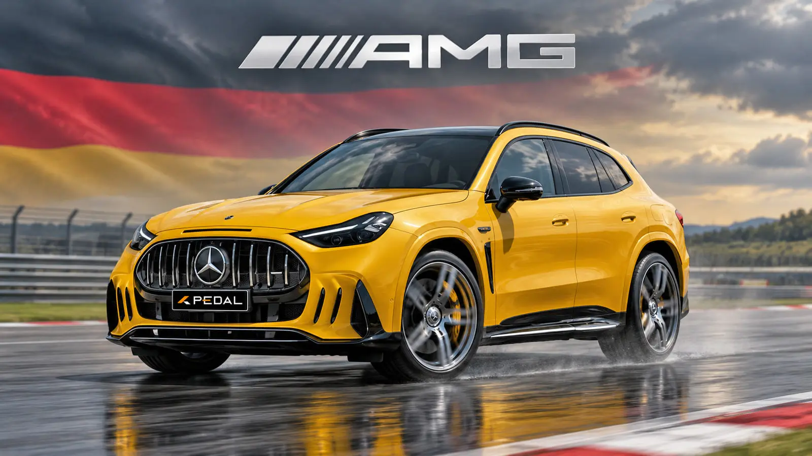 نمای نزدیک از بدنه و چرخ‌های شاسی‌بلند برقی مرسدس (Mercedes) AMG GT SUV زرد رنگ
