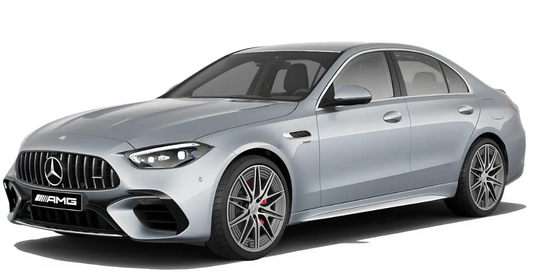 خودرو مرسدس بنز ای ام جی (Mercedes-AMG) با رنگ نقره‌ای در نمای سه چهارم
