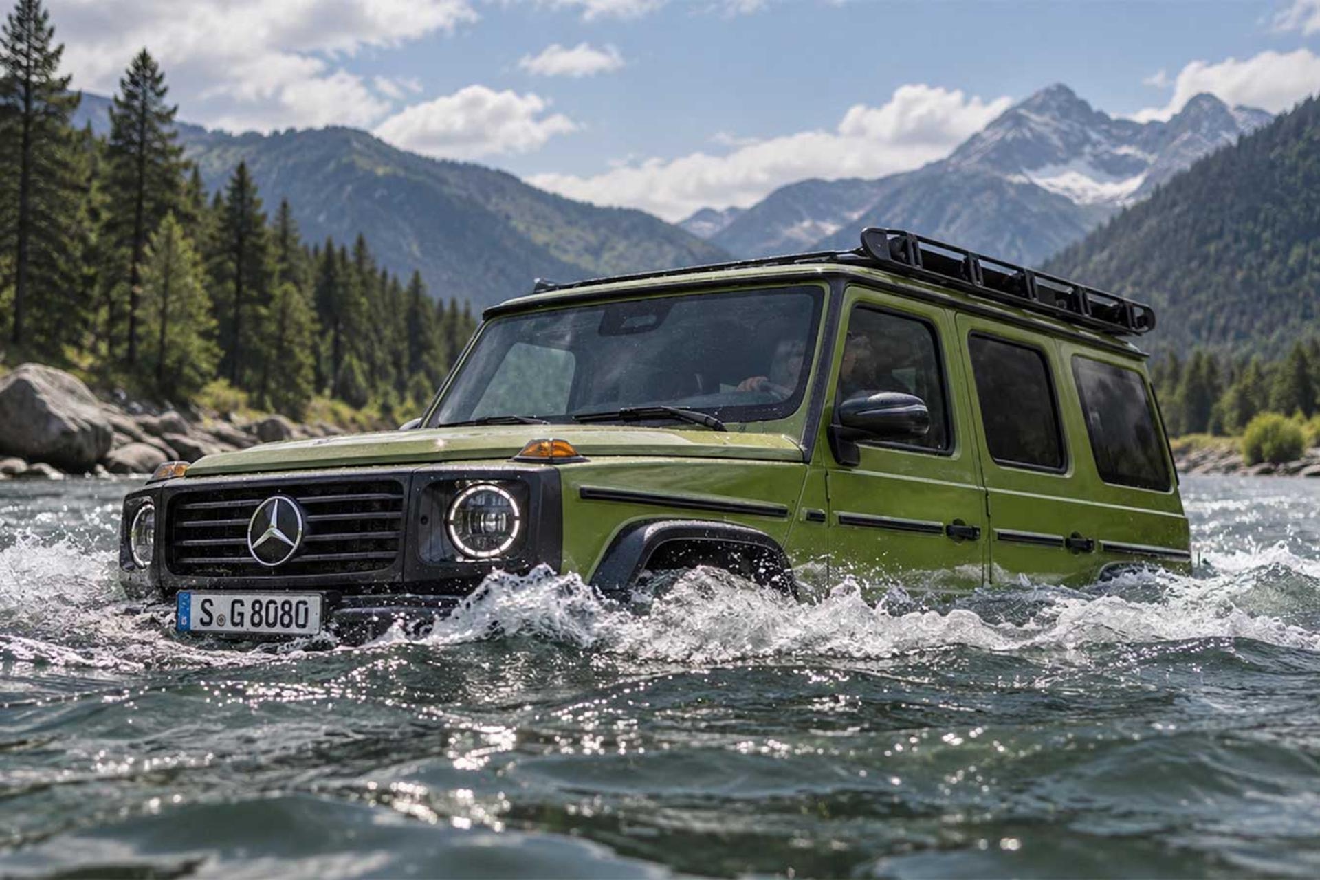 شاسی‌بلند مرسدس بنز (Mercedes-Benz) جی کلاس در حال حرکت روی سطح آب