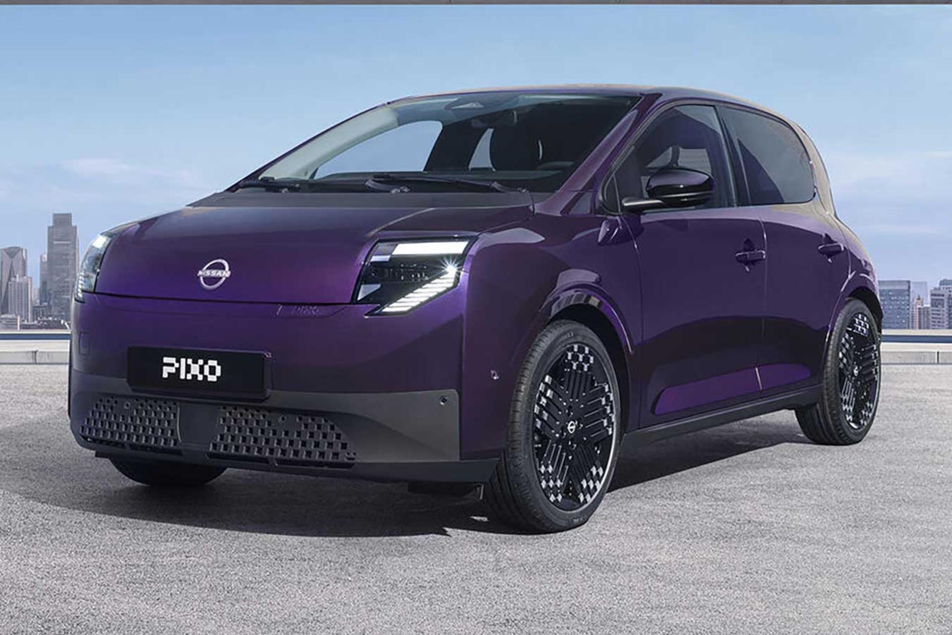 خودرو برقی نیسان پیکسو (Nissan Pixo) با رنگ بنفش در فضای باز