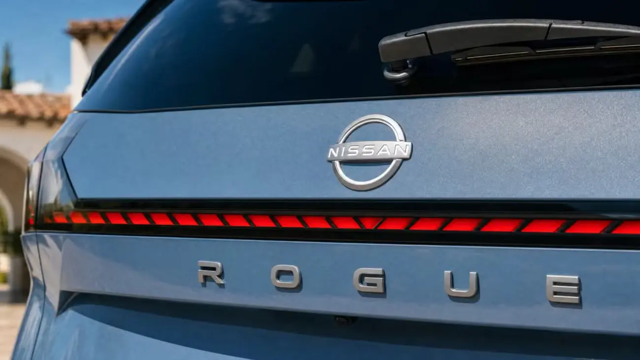 نمای نزدیک از لوگوی نیسان (Nissan) و نشان ROGUE روی بدنه خودروی آبی‌رنگ