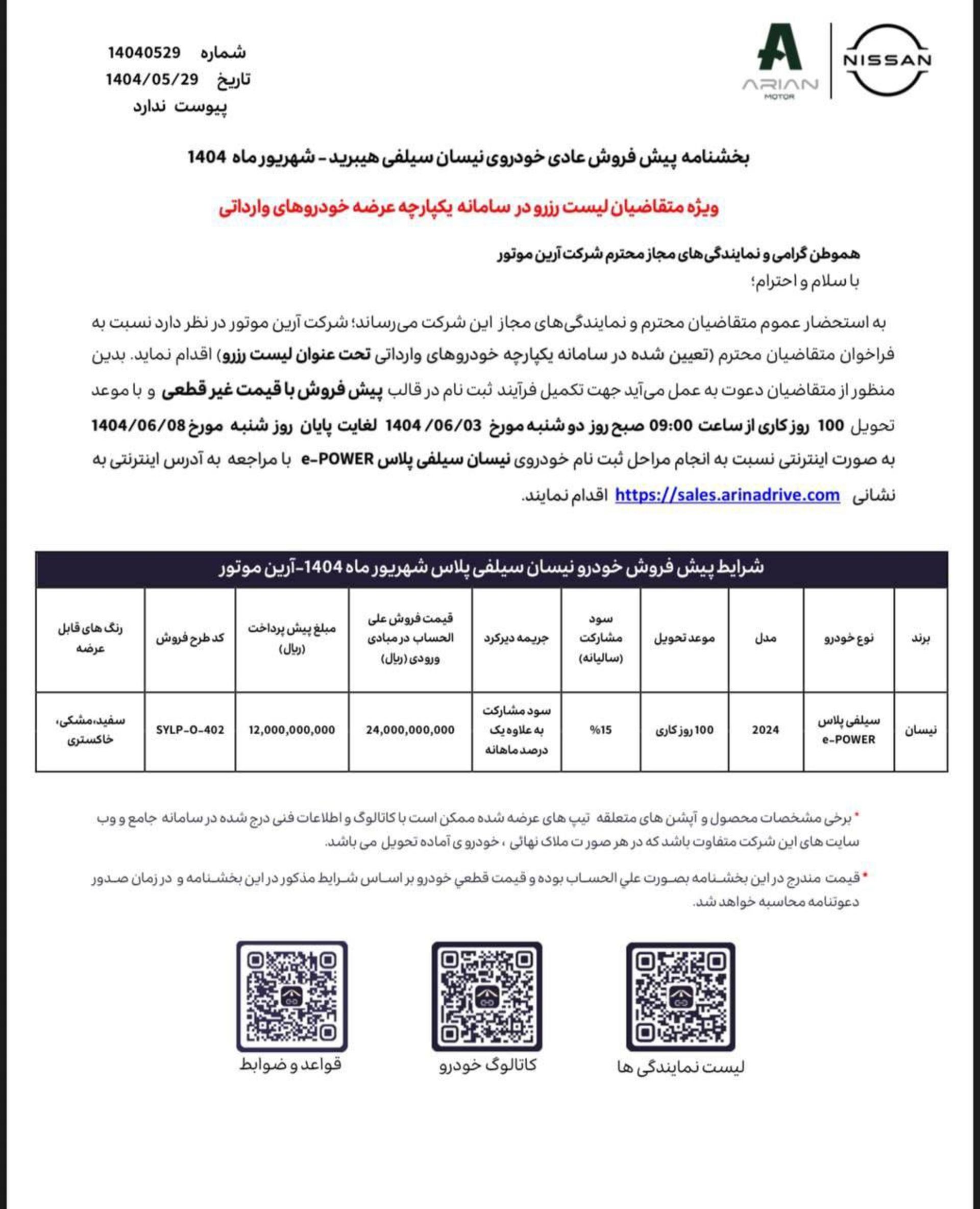 شرایط فروش رزرو نیسان سیلفی آرین موتور شهریور 1404