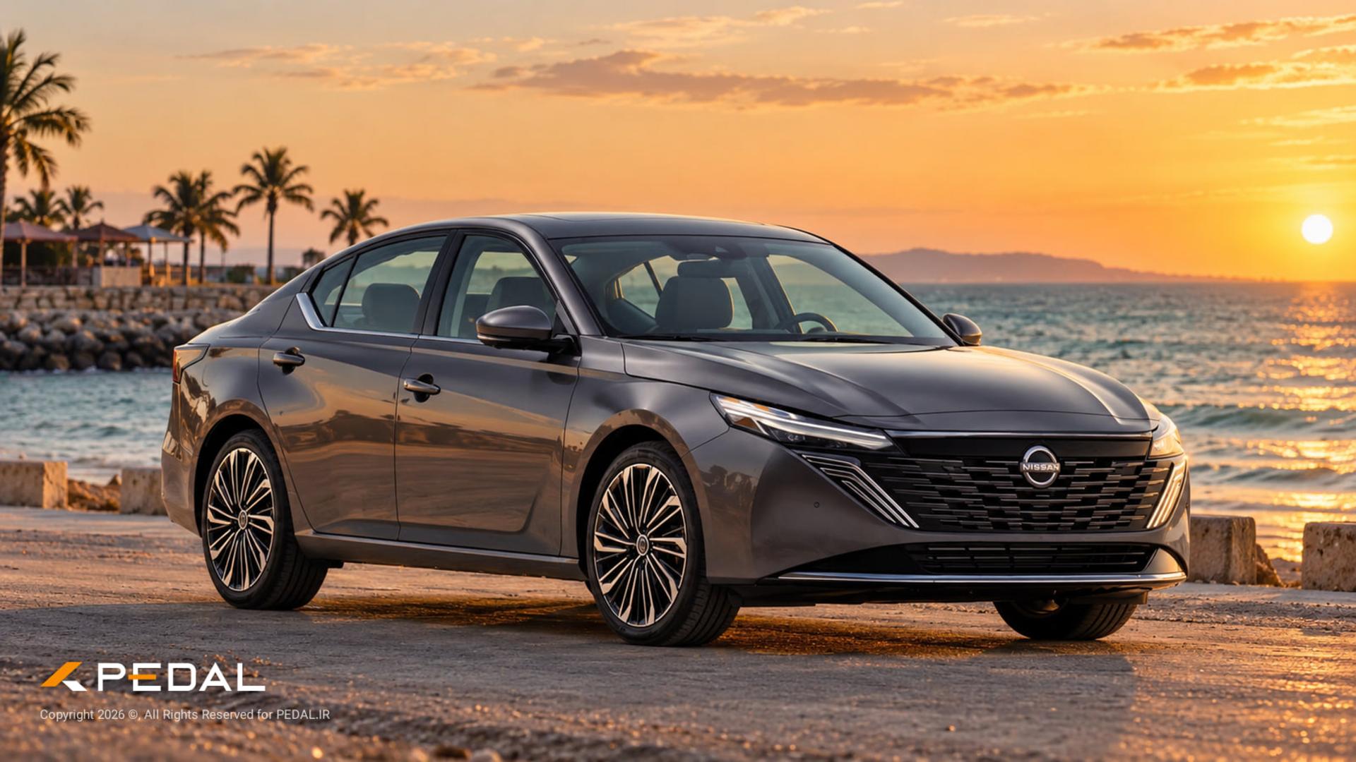 خودرو نیسان تیانا (Nissan Teana) ۲۰۲۶ در کنار ساحل هنگام غروب