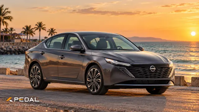 خودرو نیسان تیانا (Nissan Teana) ۲۰۲۶ در کنار ساحل هنگام غروب