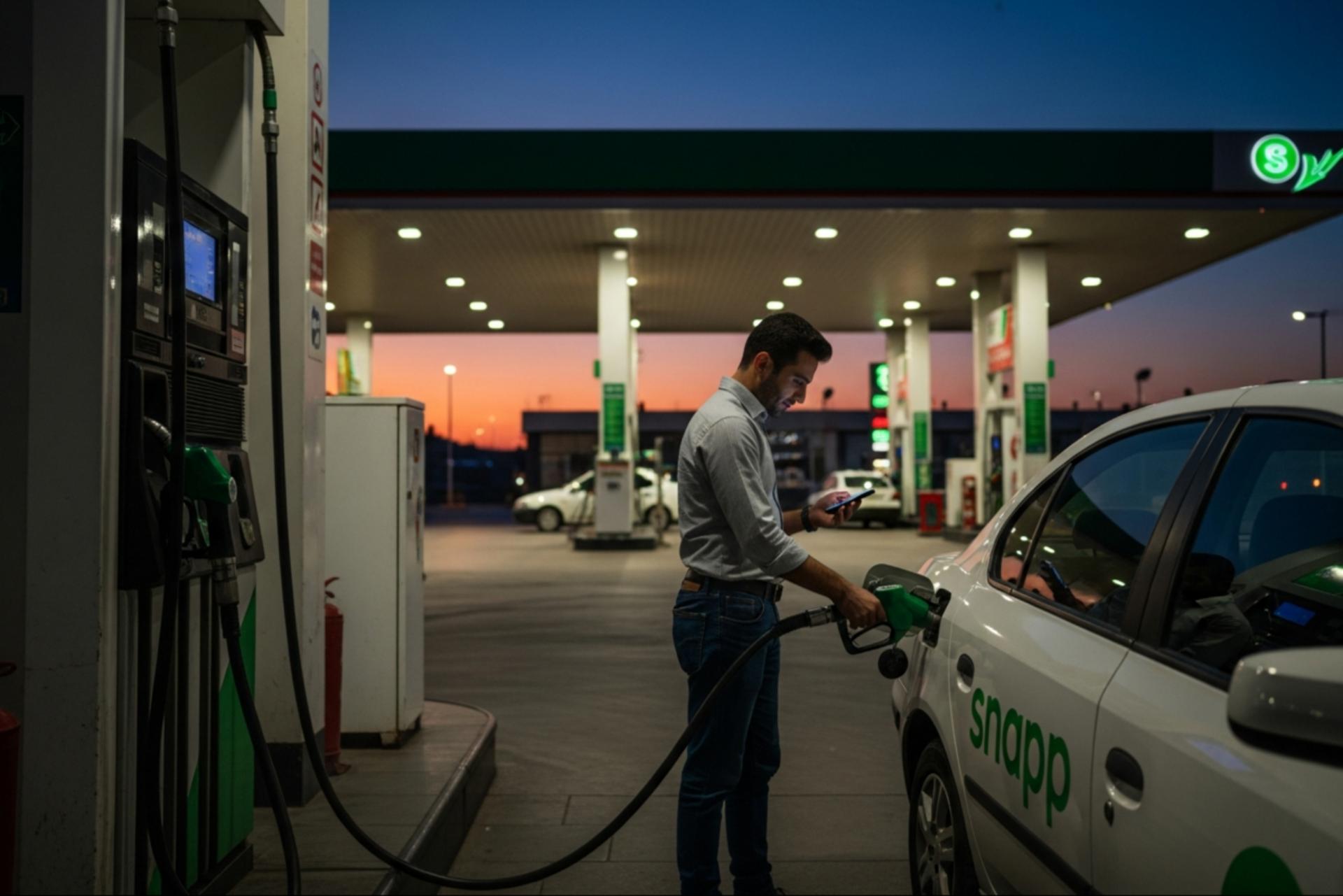 راننده تاکسی آنلاین در حال بنزین زدن در جایگاه سوخت