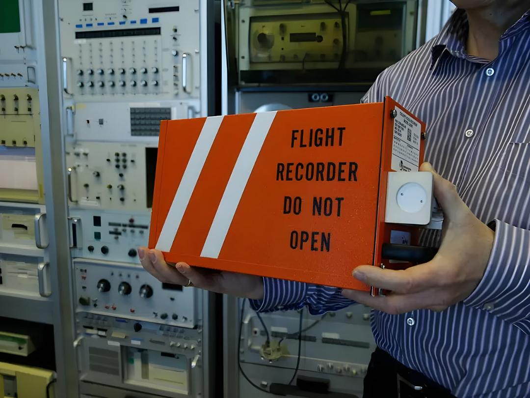 جعبه سیاه هواپیما (Flight Recorder) با رنگ نارنجی و نوارهای سفید