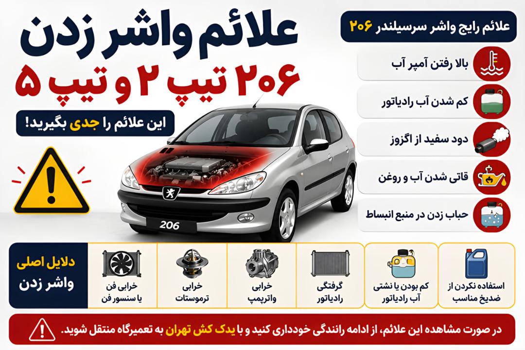 اینفوگرافیک علائم خرابی واشر سرسیلندر در خودروهای پژو ۲۰۶ (Peugeot 206) مدل تیپ ۲ و ۵