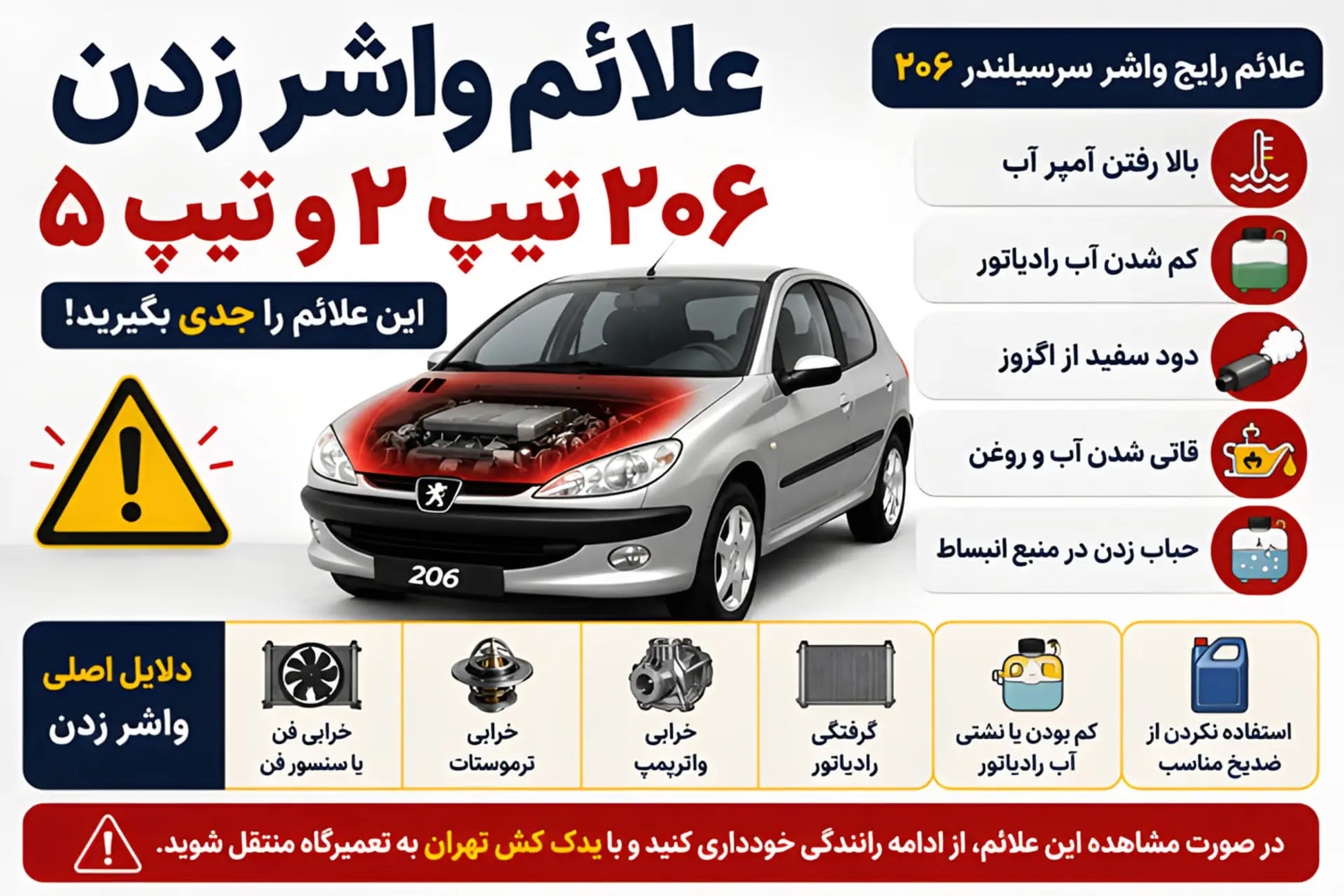 اینفوگرافیک علائم خرابی واشر سرسیلندر در خودروهای پژو ۲۰۶ (Peugeot 206) مدل تیپ ۲ و ۵