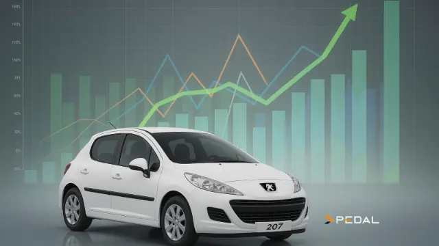 خودروی سفید پژو ۲۰۷ (Peugeot 207) در کنار نمودار صعودی قیمت