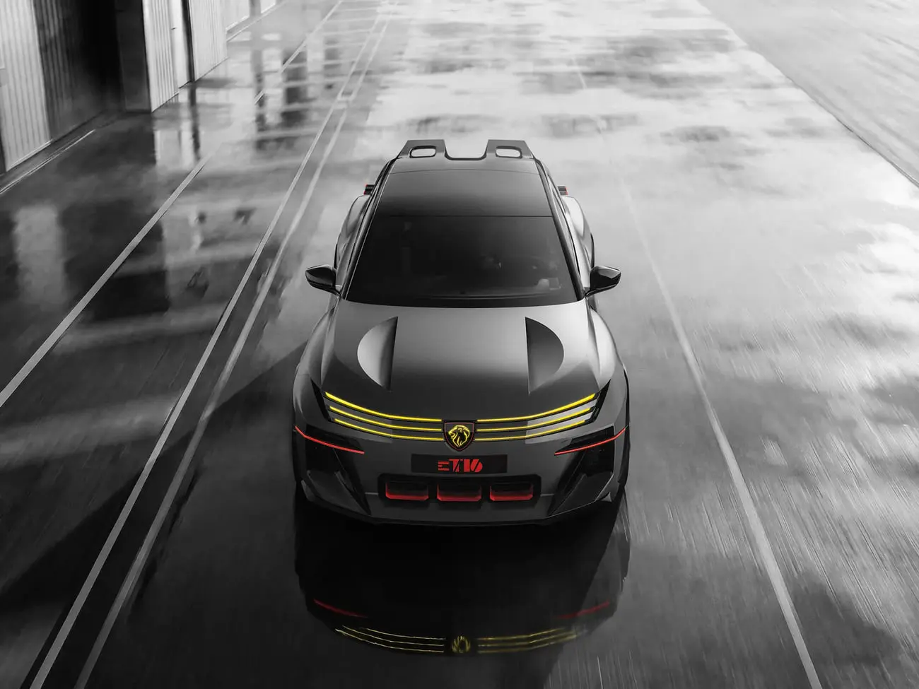 خودروی مفهومی پژو ای-تاند (Peugeot E-Tense) با چراغ‌های خطی زرد رنگ