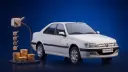 خودروی سفید پژو پارس (Peugeot Pars) در کنار نمادهای سکه و تأیید مالی