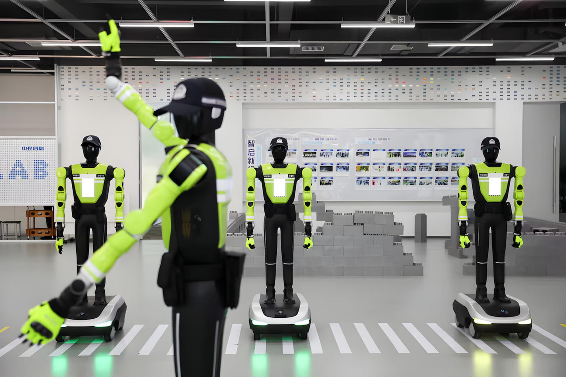 ربات‌های پلیس (Police Robots) با لباس‌های سبز و زرد در محیط آزمایشگاهی